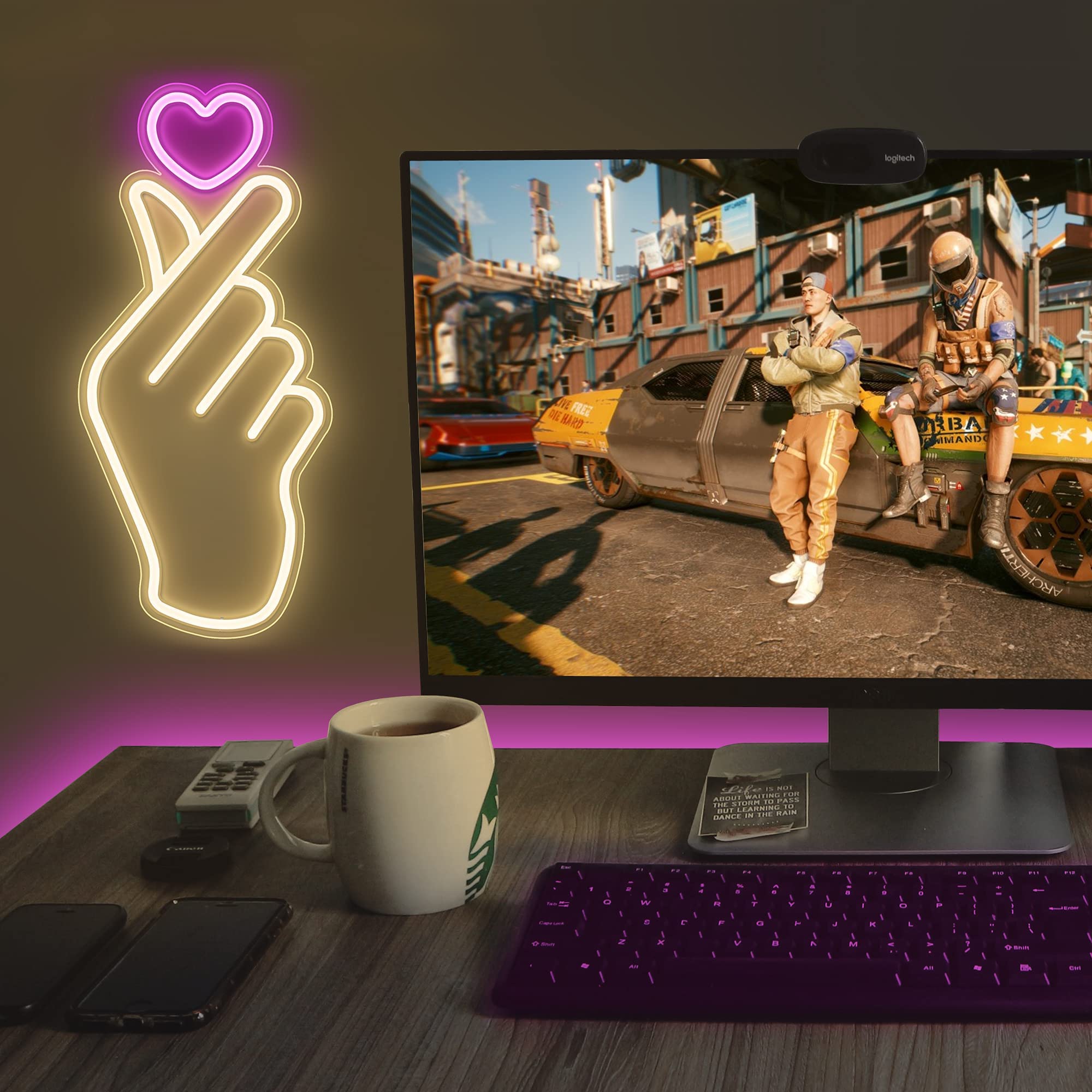 Lumoonosity Finger Heart Neon Sign - Pink & Warm White - 16.3x7.5 inches - K-Drama LED Light for Bedroom & Game Room Decor