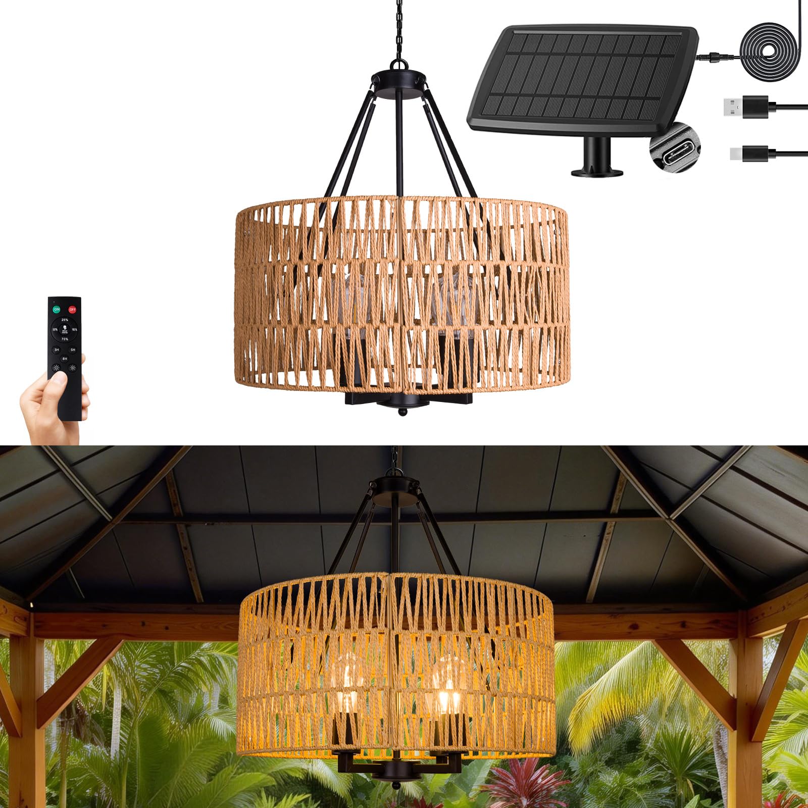 ALL FORTUNE Solar Outdoor Chandelier, 4-Light 19 Rattan Outdoor Chandelier, Solar Hanging Pendant Waterproof Lights, for Gazebo,
