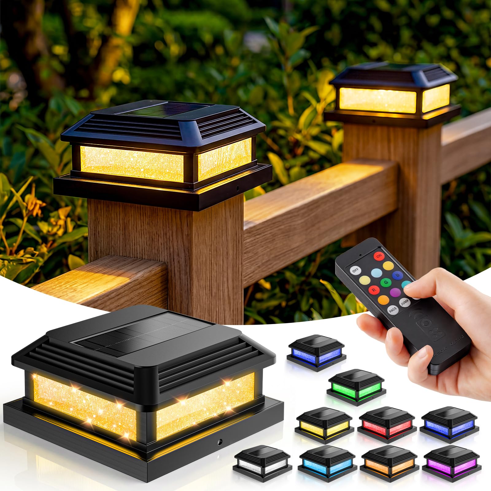 JOFIOS Solar Post Cap Lights Outdoor with Remote 10pack - Control 8 RGB Color Changing & Multicolor Flow Modes Easily, IP65 Wate