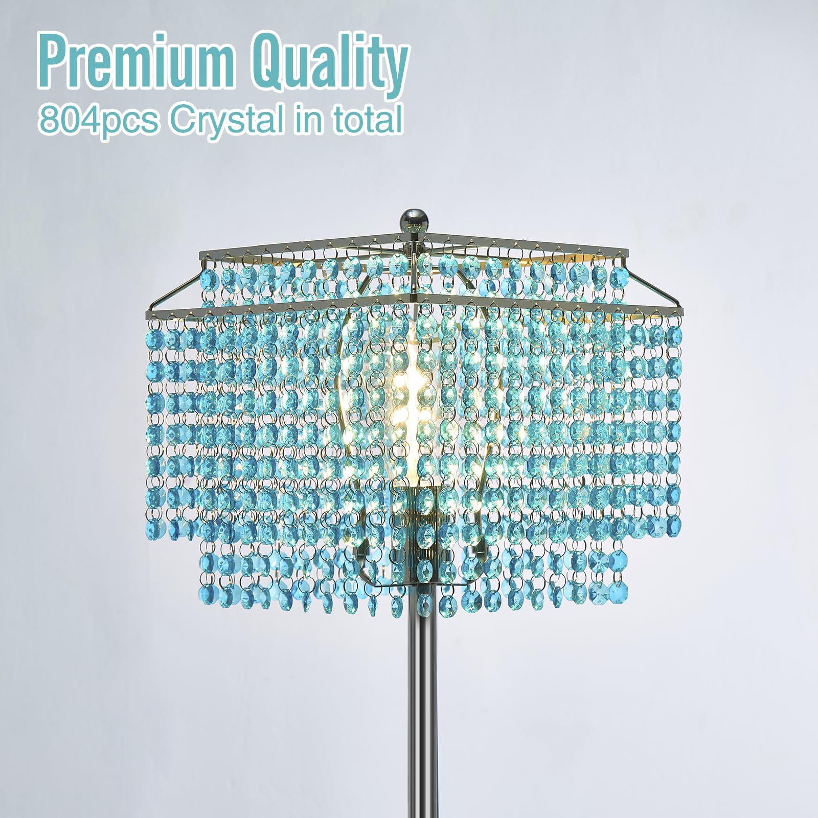 Luvkczc Crystal Floor Lamp Blue, 64'' Tall Elegant Standing Lamp With On-Off Foot Switch, Double-Layer Lampshade, Light Blue Sta