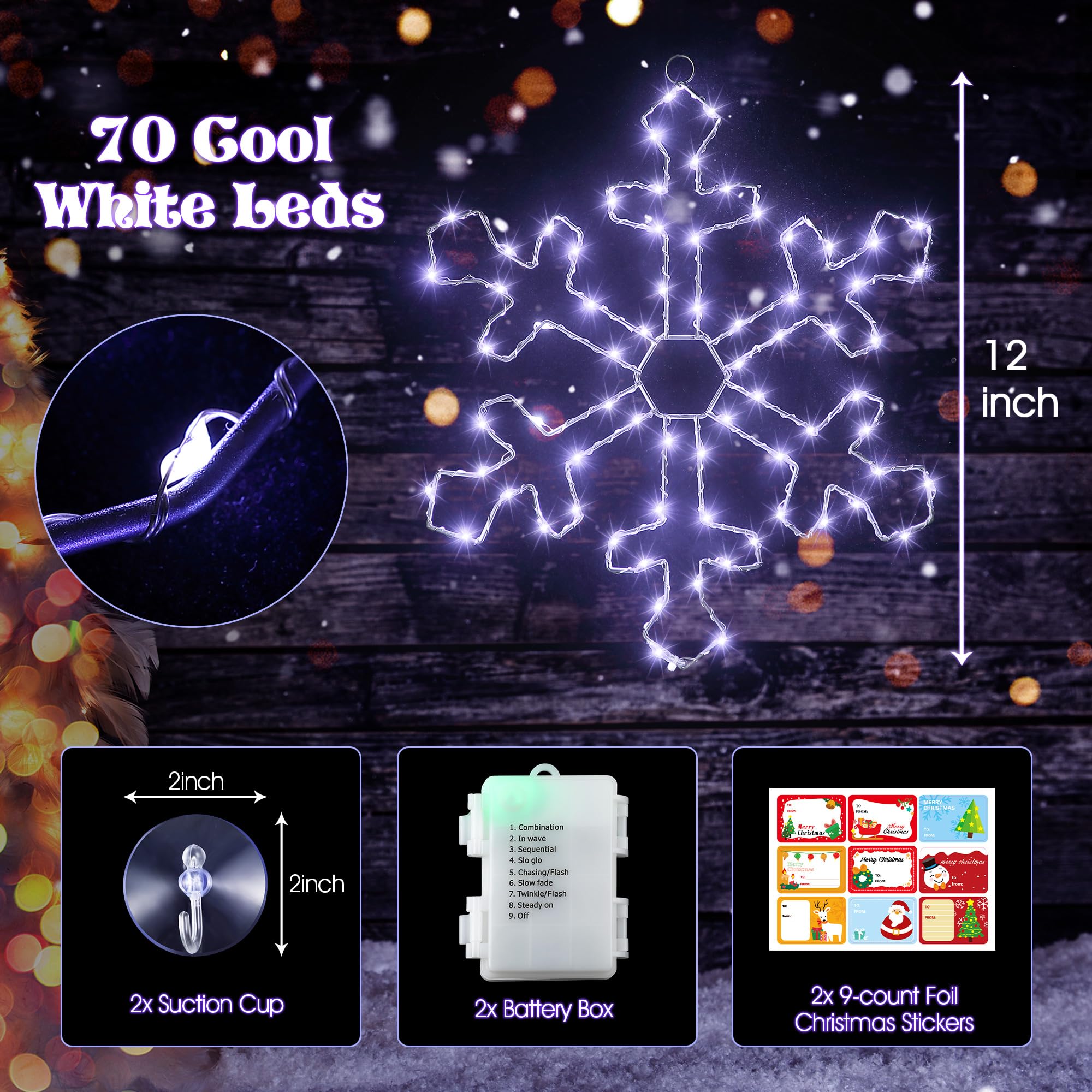 Hiboom 2 Pack 12" Cool White Snowflake Window Lights with LED String, Battery Powered, 8 Modes for Christmas Indoor Decor, Model CW-Hiboom-31051