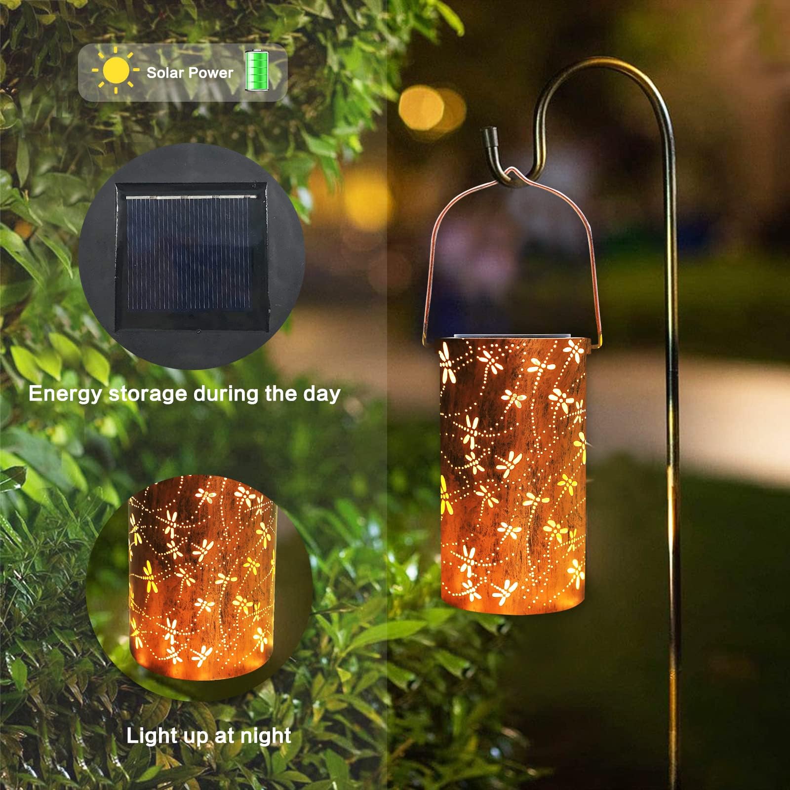 Yisiteone Dragonfly Outdoor Solar Lanterns, Garden Waterproof Metal Hanging Decor Lights For Patio Yard Pathway Lawn Front Porch