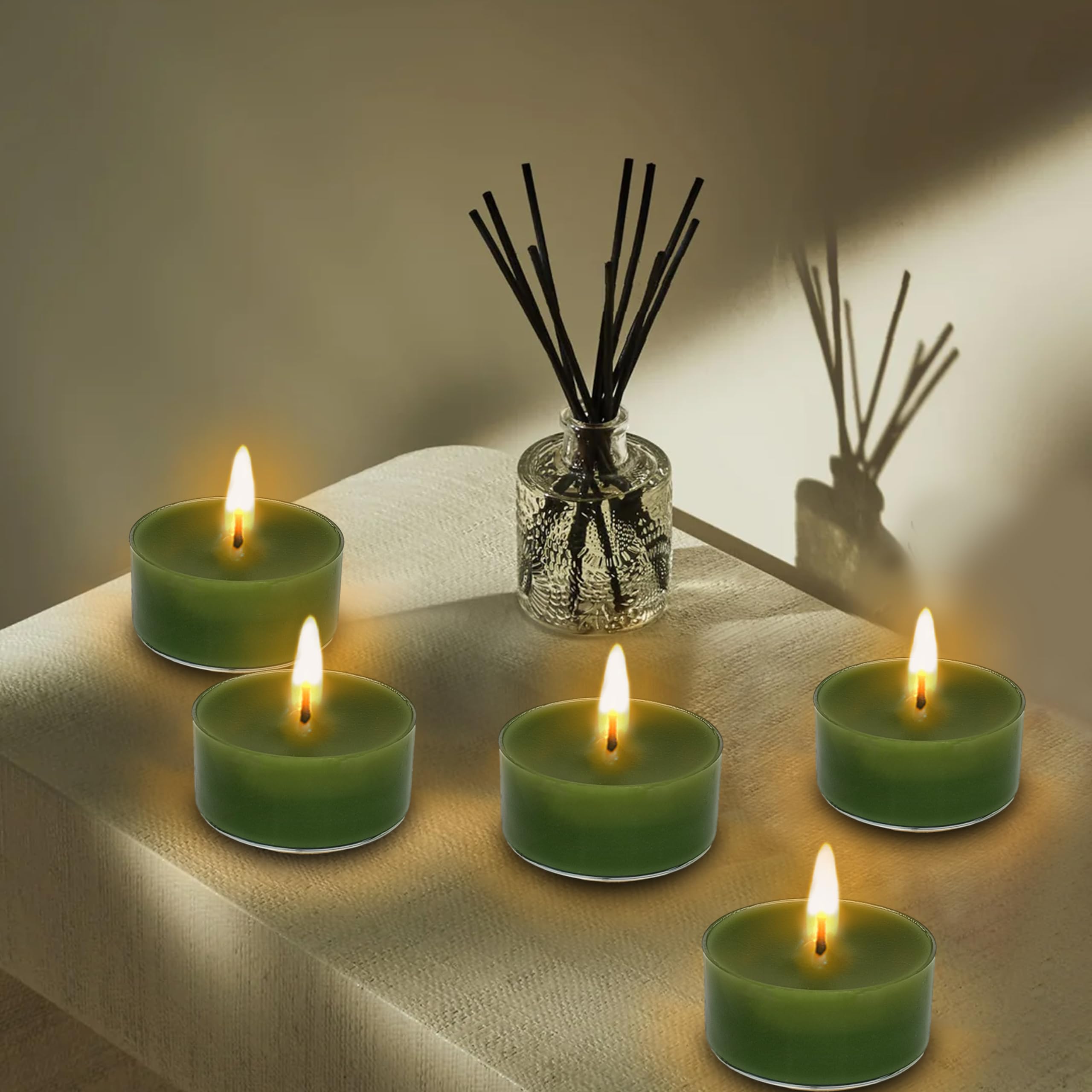 FCMSHAMD Cedar Scented Tealight Candles, Paraffin Wax, Dark Green, 1.5x0.7 In, 24 Pack, 5 Hour Burn Time