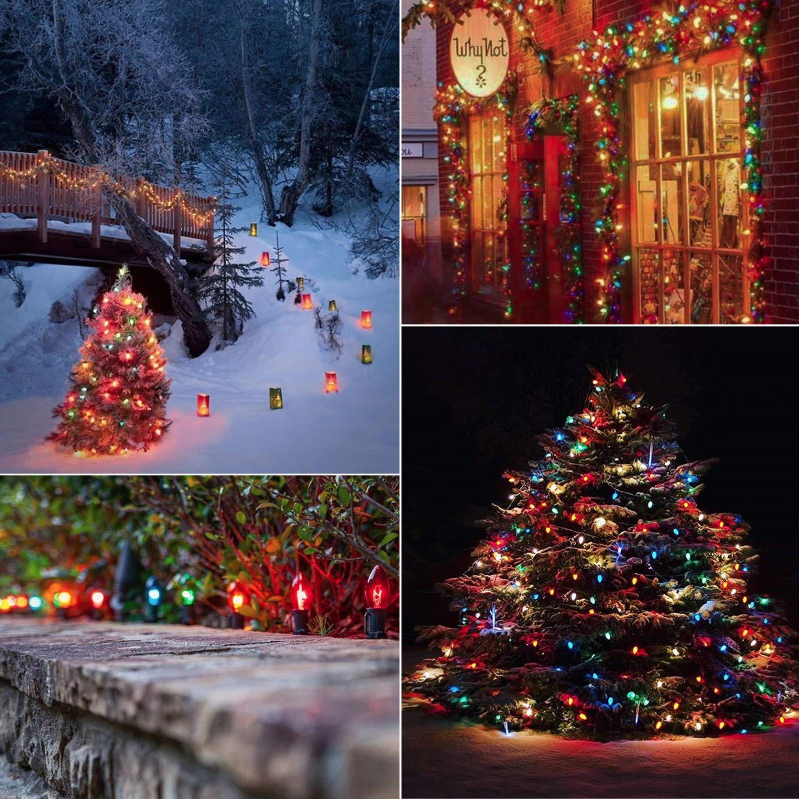 Minetom C9 Bulb String Lights 100FT Multicolor Green Wire E17 Base 100+4 Bulbs Outdoor Christmas Decoration