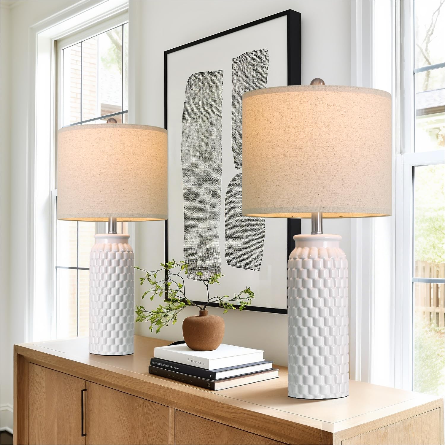 Usumkky 27 White Modern Ceramic Living Room Lamps Bedside Lamp Set Of 2 For Bedroom Decor Farmhouse Table Lamp For Living Room Office Dorm