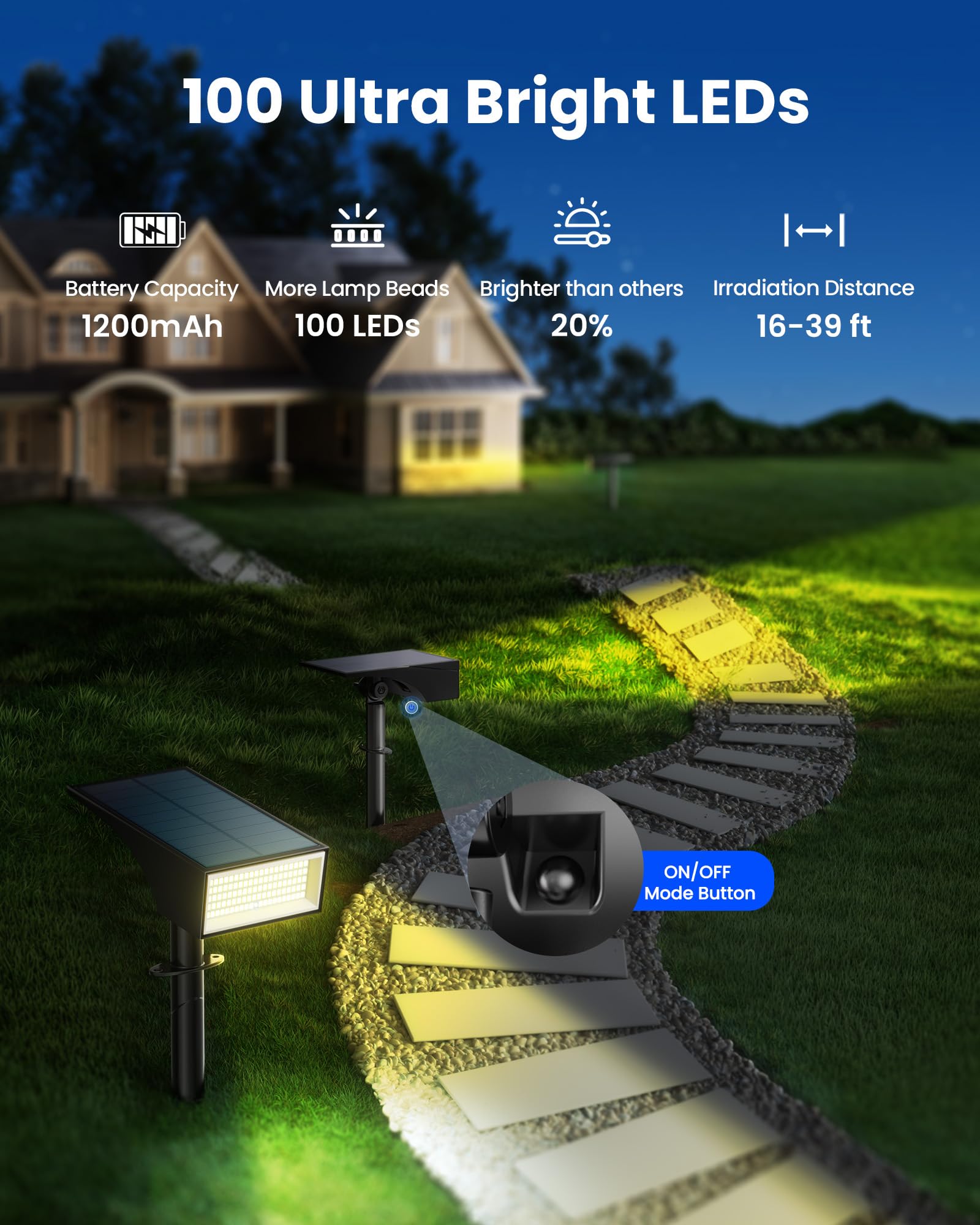 Koicaxy Solar Spot Lights Outdoor 2 Pack, 100 Leds 4 Lighting Modes Landscape Spotlight Waterproof Ip65 For Yard, Garden, Pathwa