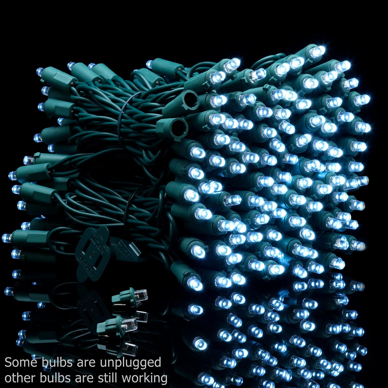 YULETIME LED Christmas Lights Set, 200 Cool White Bulbs, 66 Feet Green Wire, UL Certified, Model BMD-L-200E/4F