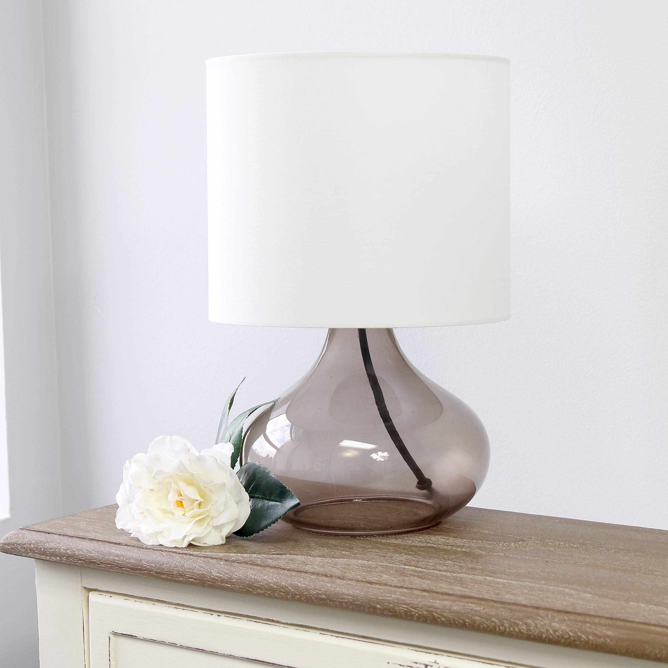 Simple Designs Lt2063-Smw Small Glass Raindrop Bedside Table Lamp With White Fabric Shade, Smoke Gray