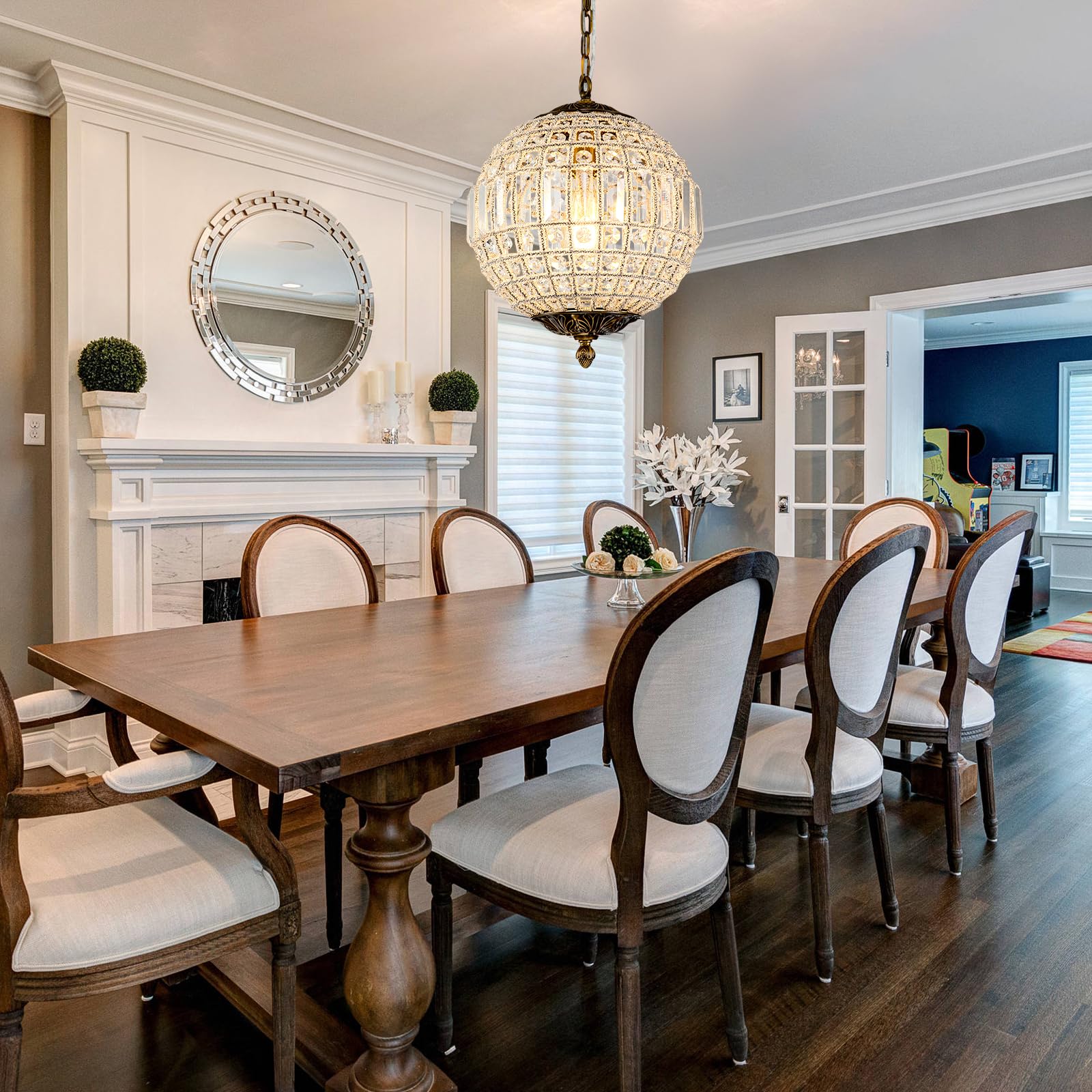 Huoku Antique Crystal Globe Chandelier, 11.8'' Adjustable Crystal Sphere Classic Pendant Light Fixture For Living Room Kitchen I