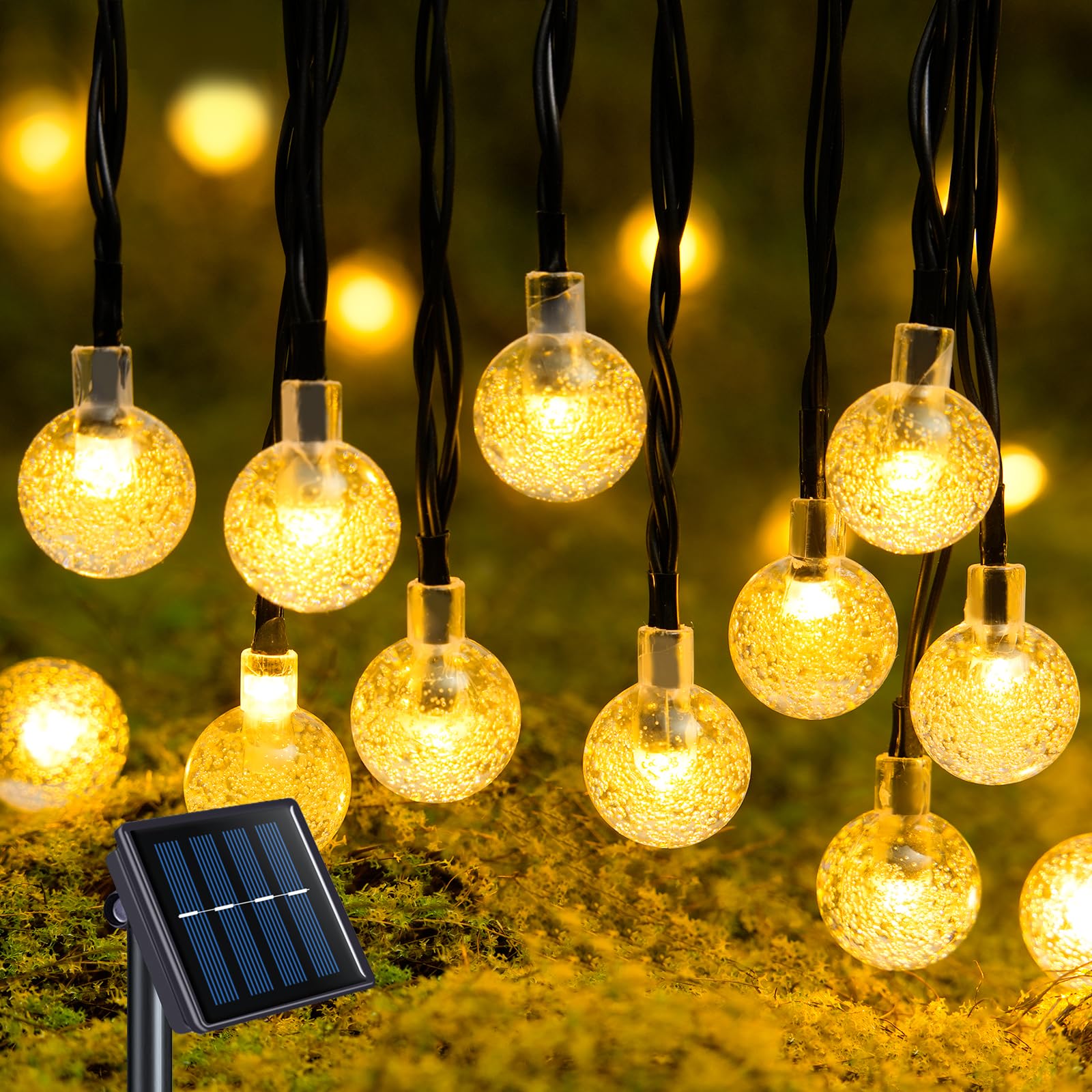 Jmexsuss Solar String Lights Outdoor Waterproof, 8 Modes Crystal Globe String Lights, Warm White Solar Lights For Patio Tree Cam