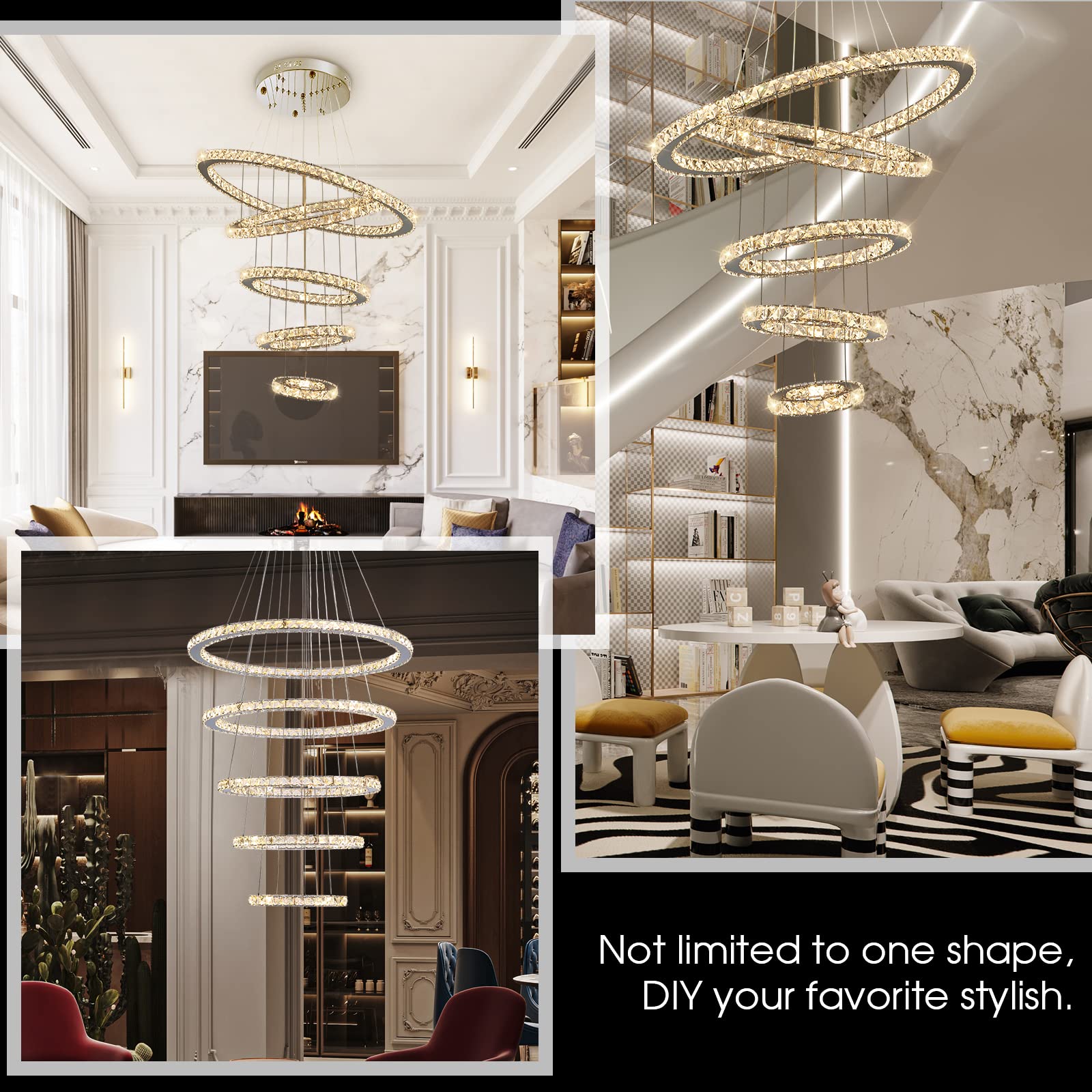 Siljoy Modern Crystal Chandelier Pendant Light Fixture, 5 Rings, Adjustable, Gold, D8in-12in-16in-20in-24in, for High Ceilings, Dining Room, Foyer