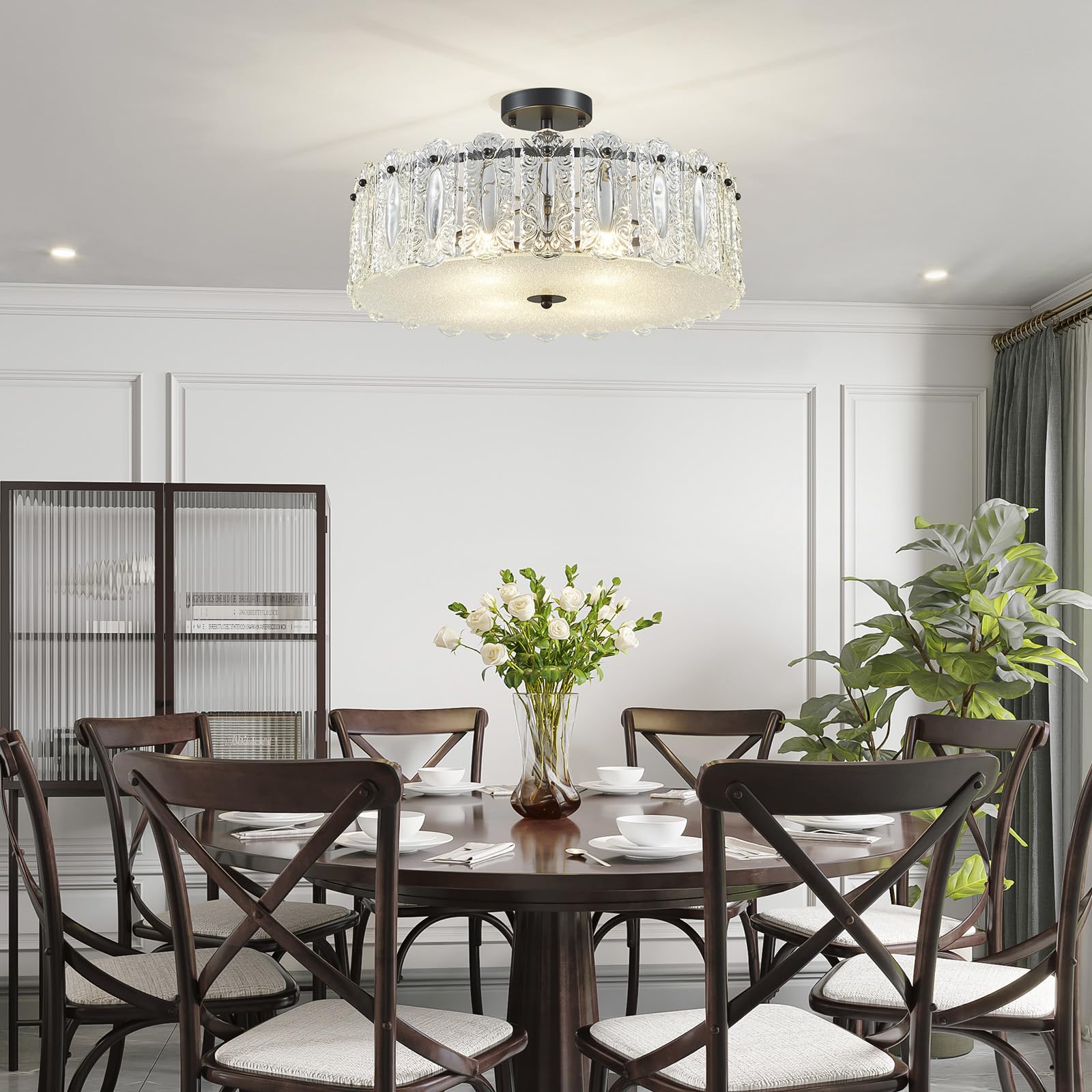 AGV LIGHTING CL056 Crystal Ceiling Light Fixture, Modern Chandelier, 20" Flushmount, Black Finish, E12 Base, 4-Lights