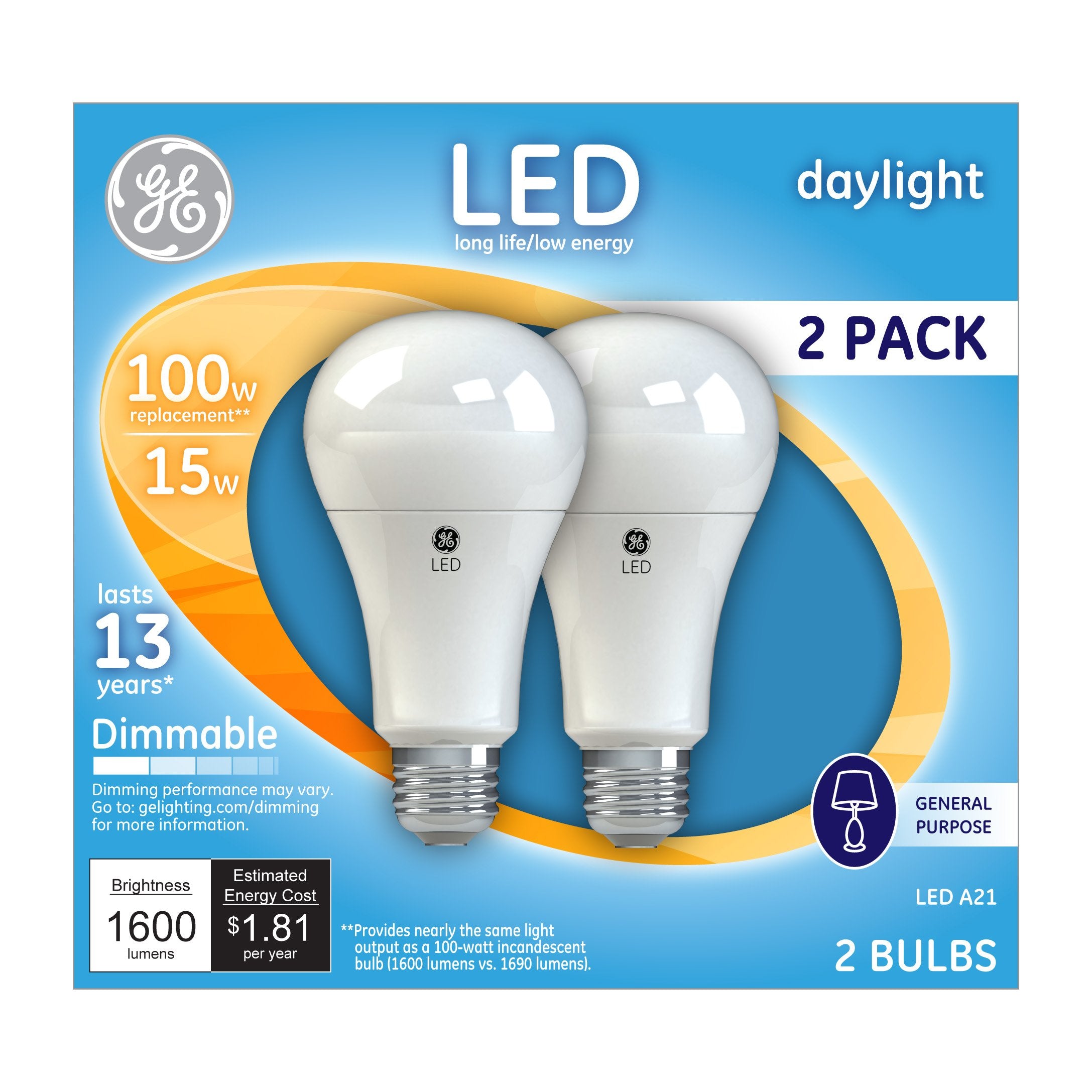 GE A21 E26 LED Bulb, Daylight 100W Equivalence, 2 Pack, Copper Material
