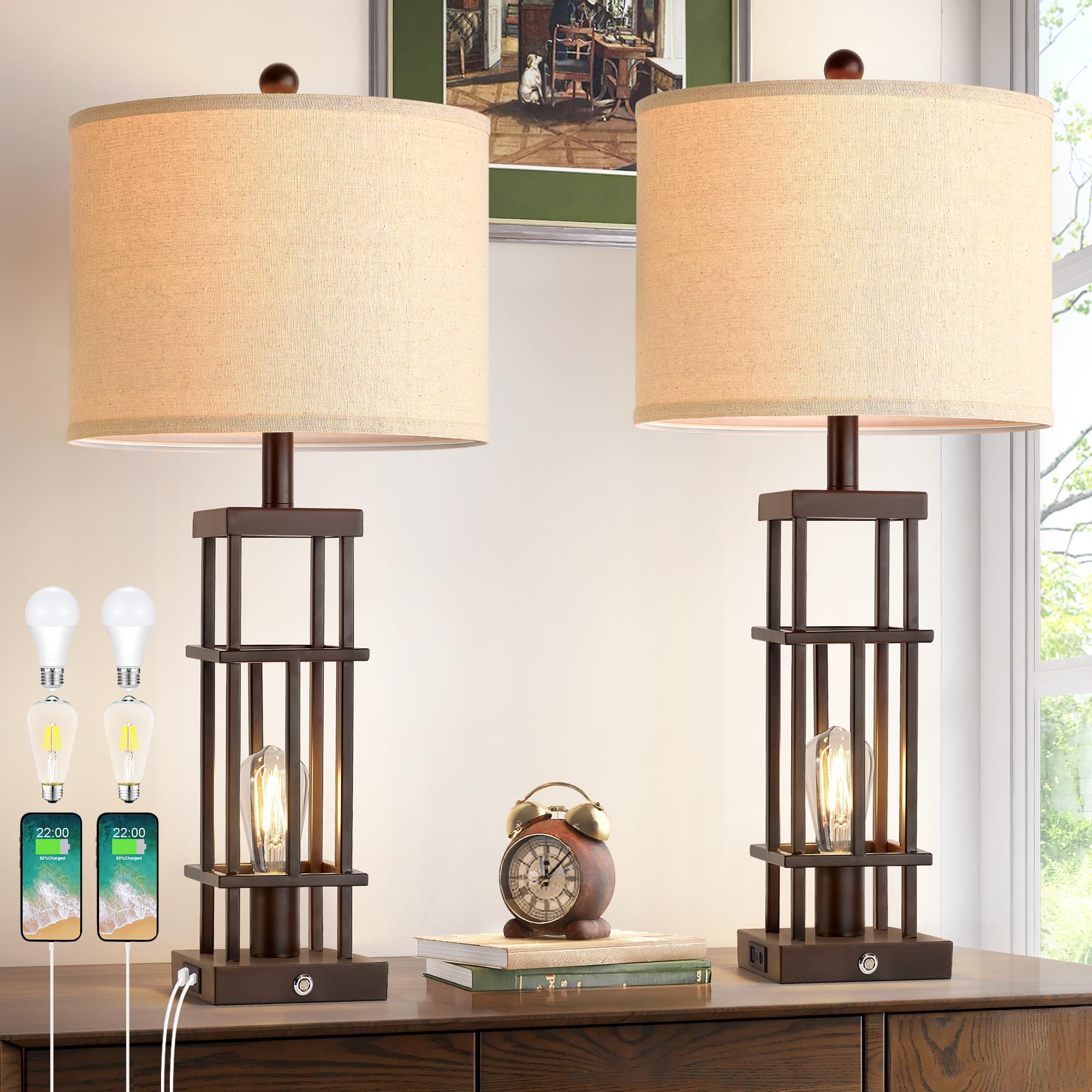 BZZMMB 29.5'' Table Lamps for Living Room Set of 2, Farmhouse Table Lamps with USB C+A Ports, Touch Control Bedside Lamps with O