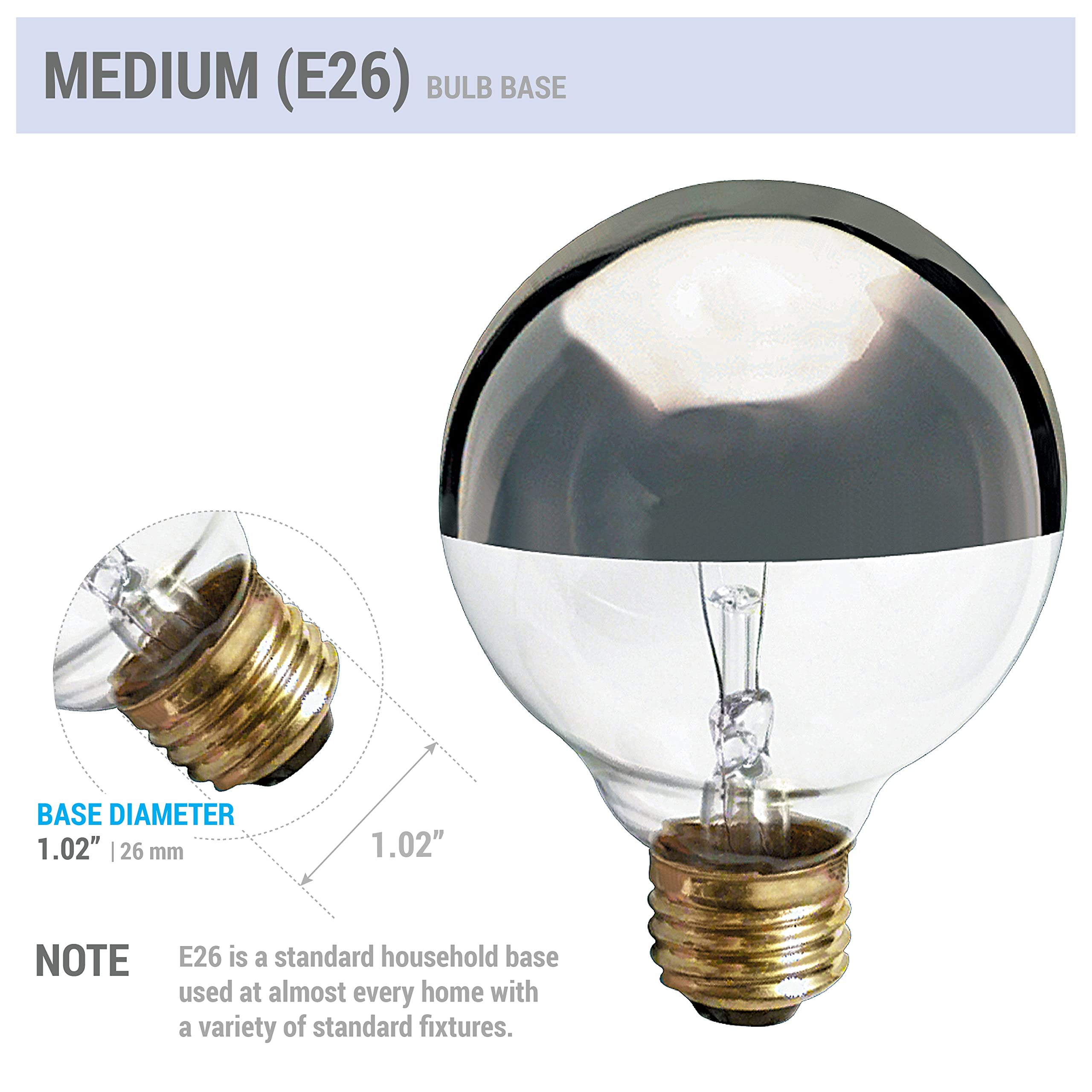Kor (4 Pack) G25 Incandescent Light Bulb, Silver Half Chrome Crown With Mirror Reflect Glare-Less Finish, Decorative Globe 120 V