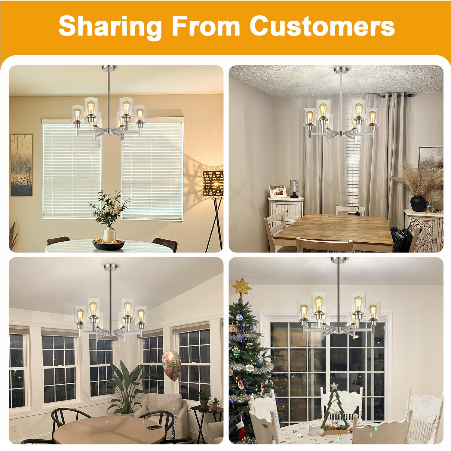 6 Light Farmhouse Chandelier For Dining Room Light Fixtures Over Table,Pendant Light Fixture With Clear Glass Shade For Living R