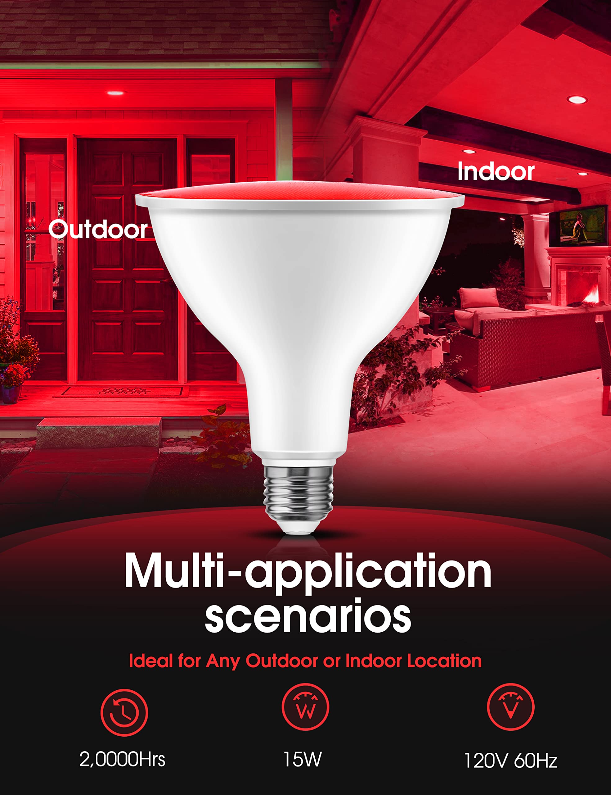 L LOHAS PAR38 Red Flood Light Bulbs, 18W Dimmable LED, E26 Base, 2 Pack for Holiday Decoration