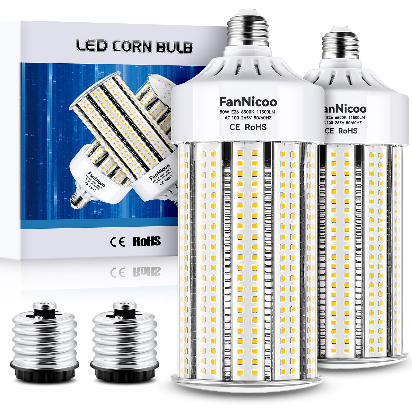 2 Pack 1000W Equivalent Led Corn Bulb Super Bright 11500 Lumen 6500K Daylight White 80W Corn Light Bulb E26/E39 Base Led Corn Li