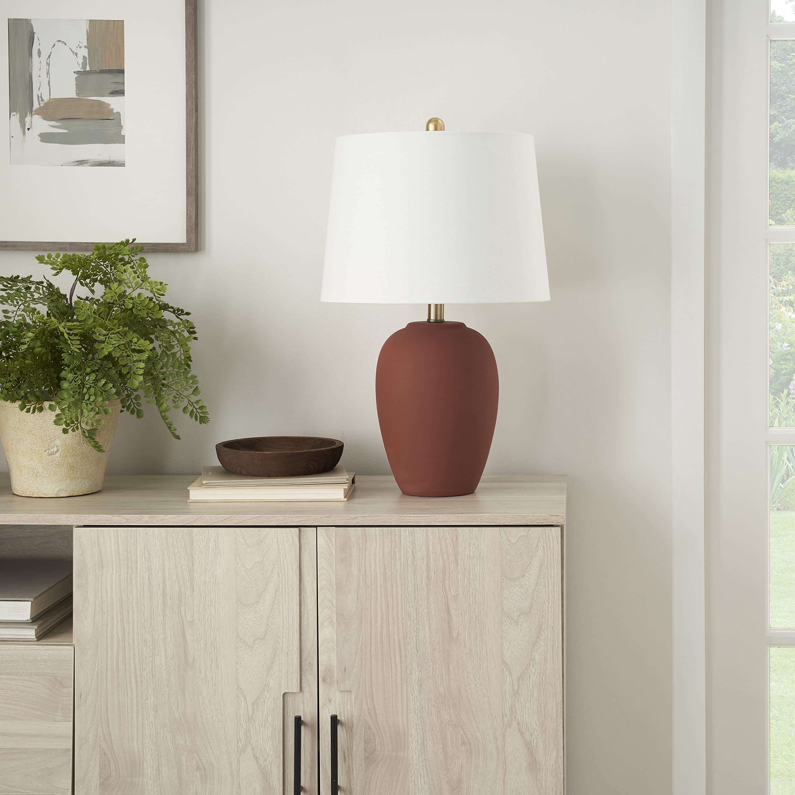 Nourison 23'' Rust Orange Ceramic Pot Table Lamp For Bedroom, Living Room, Dining Office, With White Tapered Drum Shade