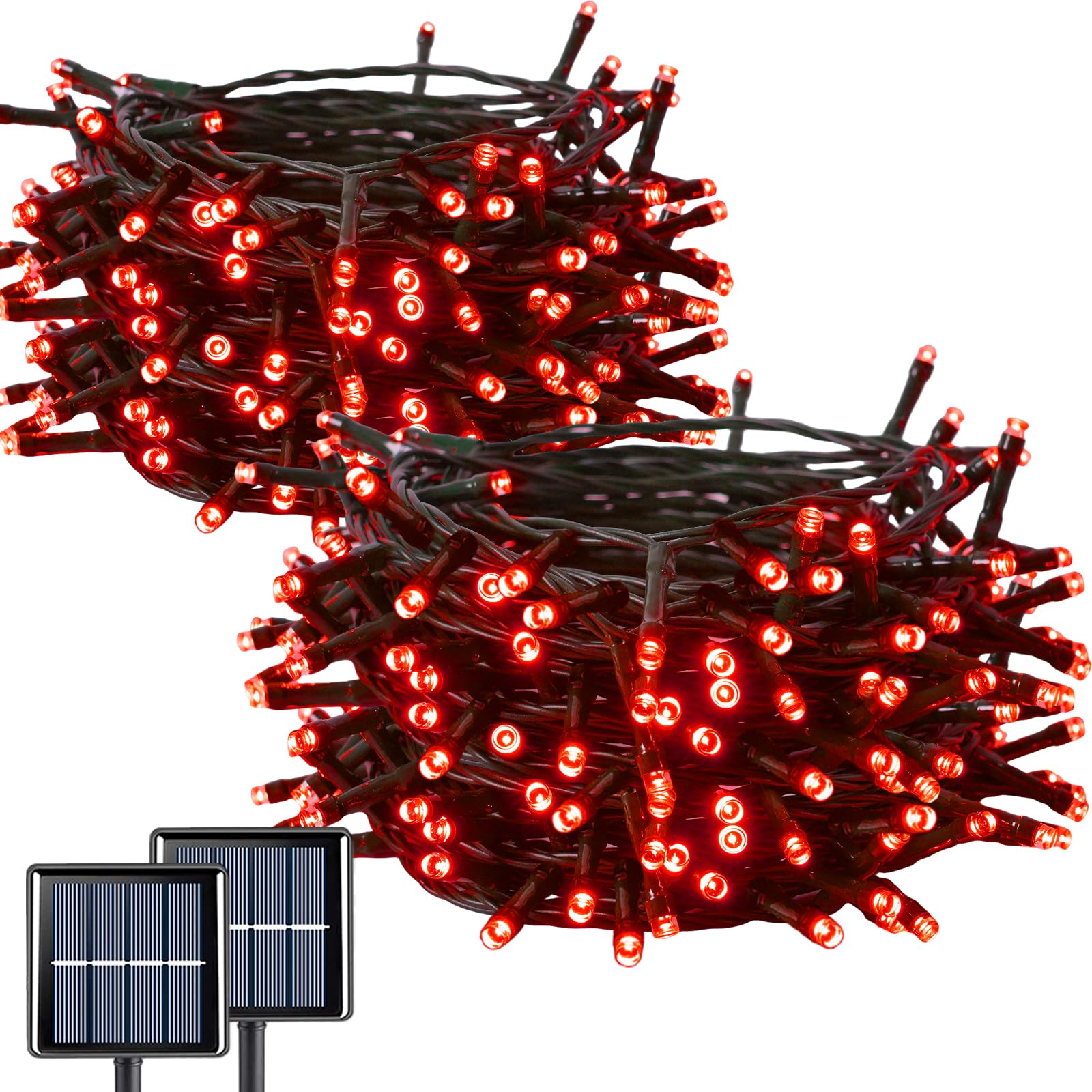 QITONG Red Solar Christmas Lights, 200 LED Waterproof String Lights, 66ft, 2 Pack, Green Wire, 8 Modes