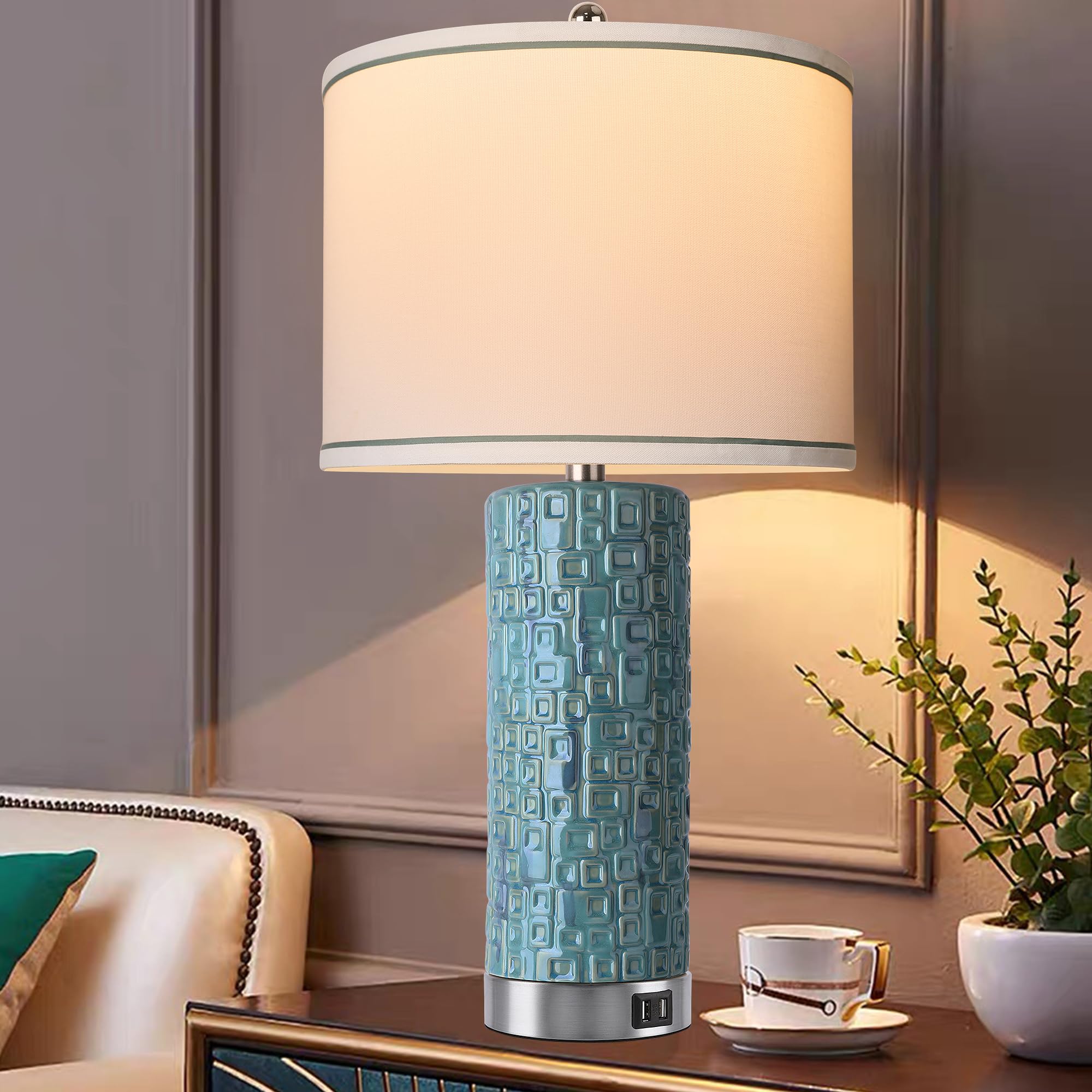 Vpazg 26'' Teal Ceramic Table Lamps Set Of 2 With Usb Ports - Coastal Decorative Nightstand Lighting