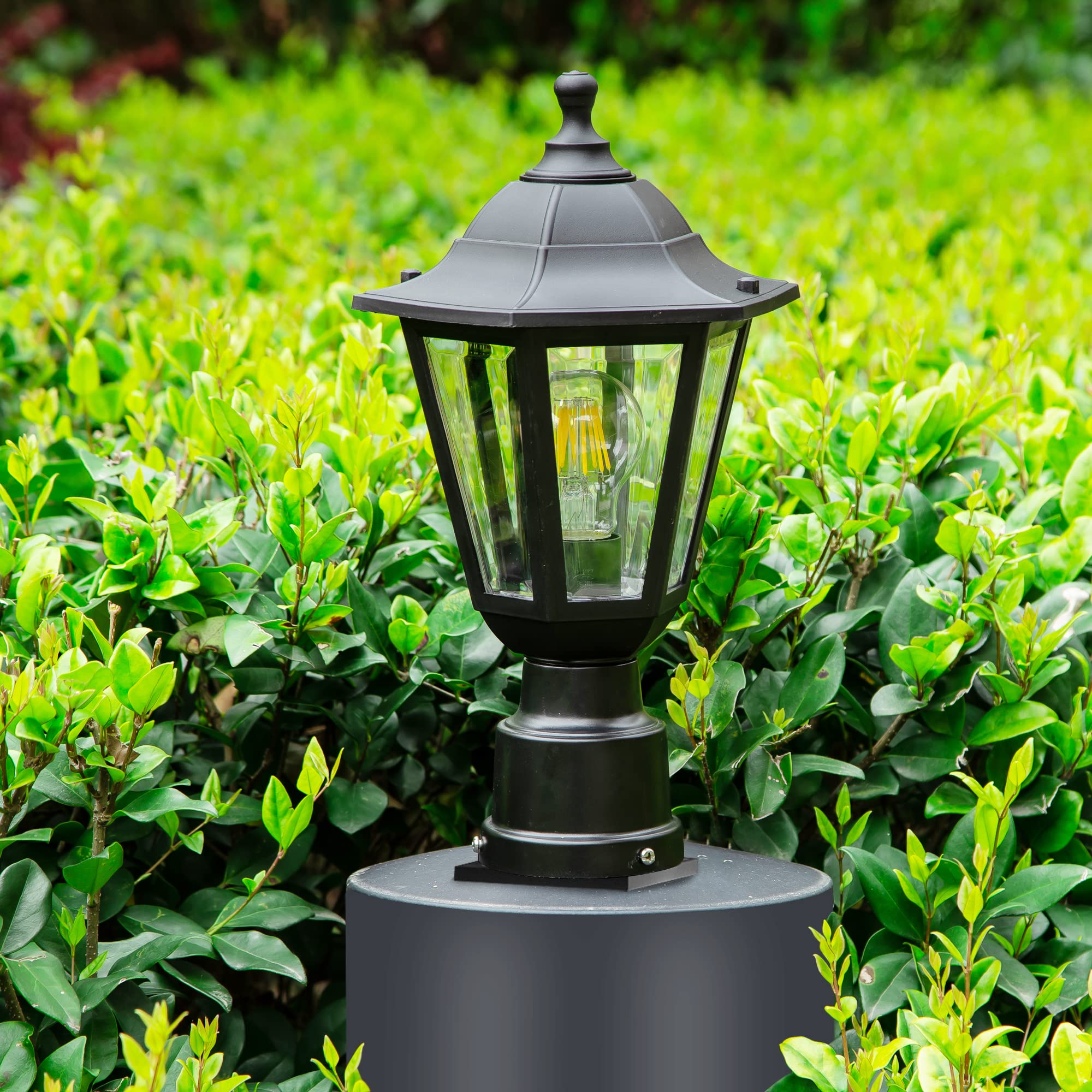FUDESY Outdoor Post Light Fixture - Waterproof Black Plastic Lantern, E26 Socket, Model FDS6163B1, LED Bulb Included