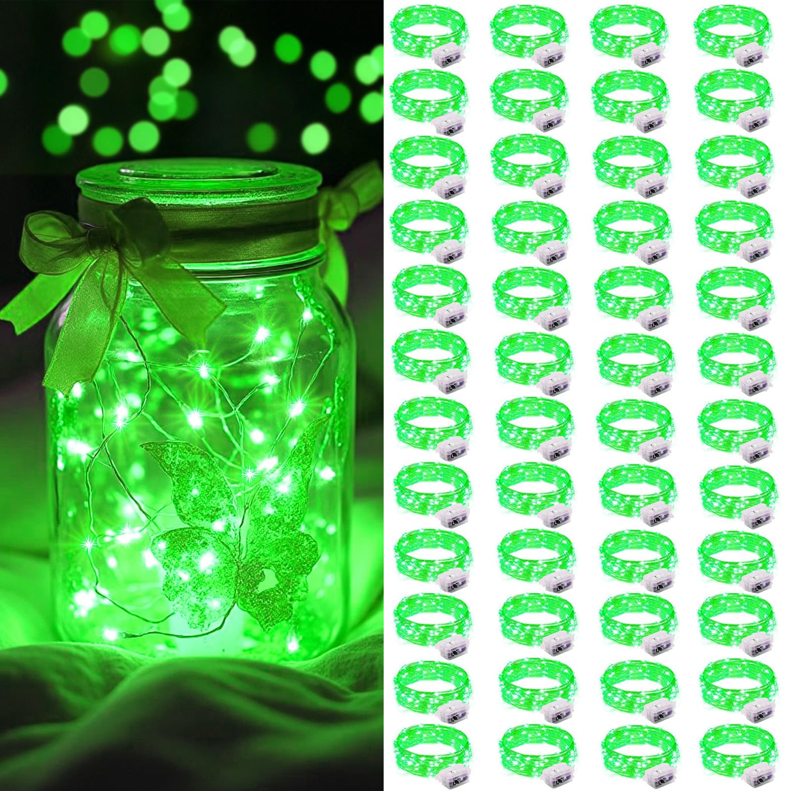 AIKEI 48 Pack LED Fairy Lights Battery Operated  Mini String Lights Waterproof 3 Modes 7 Feet 20 Led Firefly Starry Lamps for Wedding Party Bedroom Garden Halloween Christmas Decoration Green