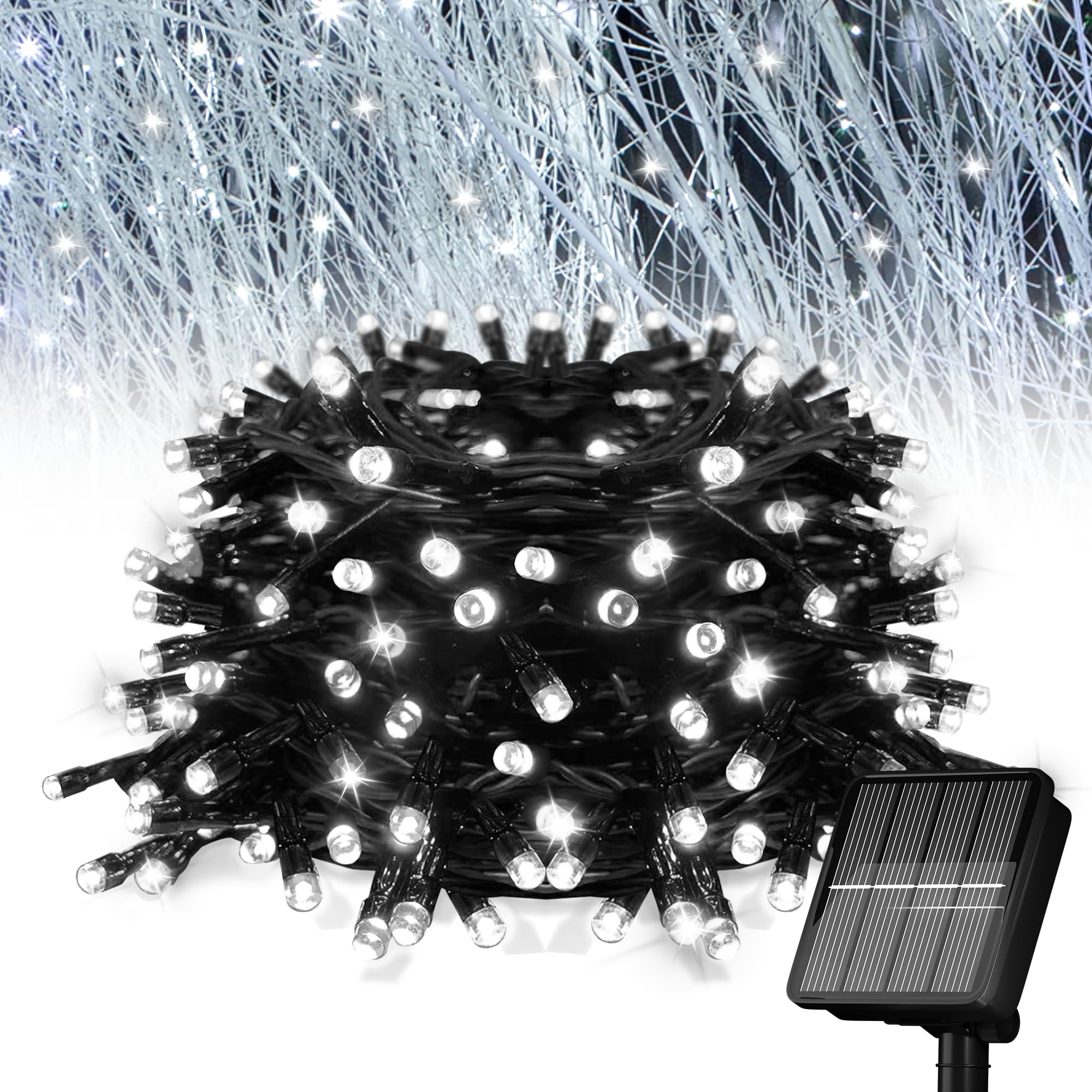 Flechllary Solar String Lights, 39Ft 100 LED, 8 Modes, Waterproof, Cold White, 1 Pack