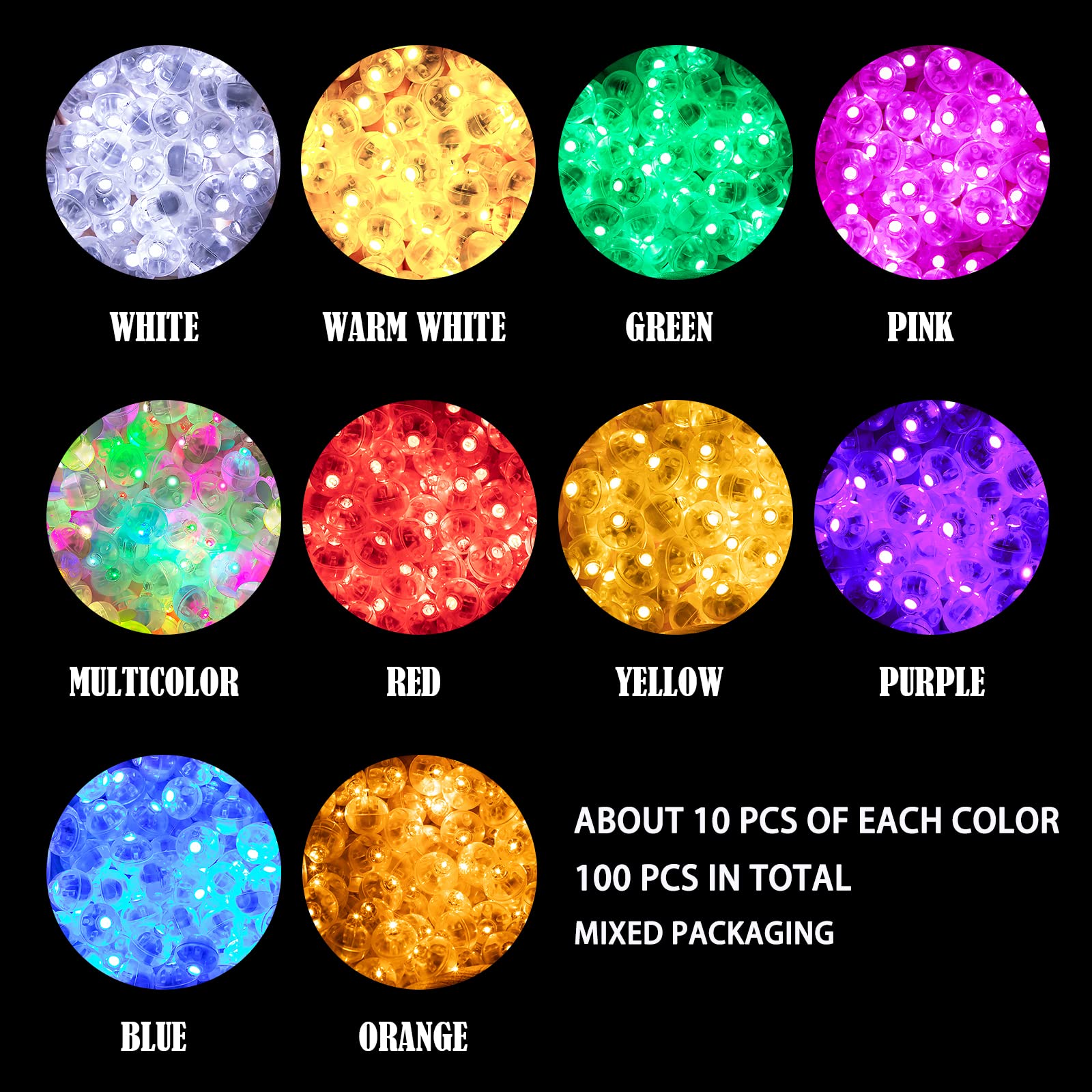 Aogist LED Balloon Light, 100 PCS, Waterproof, Battery Powered, 10-Colors, Model A001