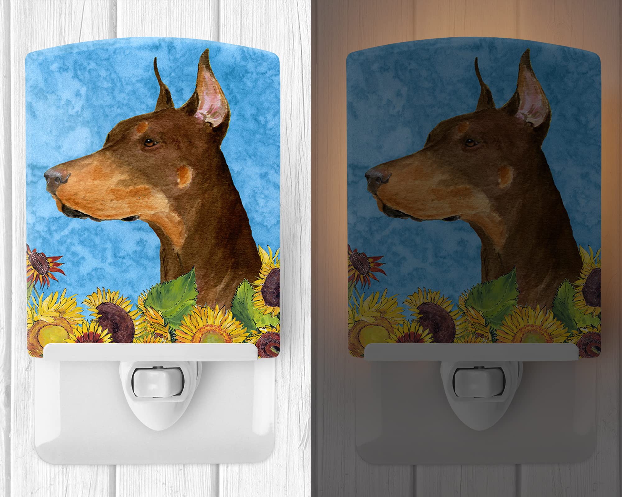 Caroline'S Treasures Ss4237Cnl Doberman In Summer Flowers Ceramic Night Light Compact, Ul-Certified, Ideal For Bedroom, Bathroom, Nursery, Hallway, Kitchen, 6X4X3, Multicolor