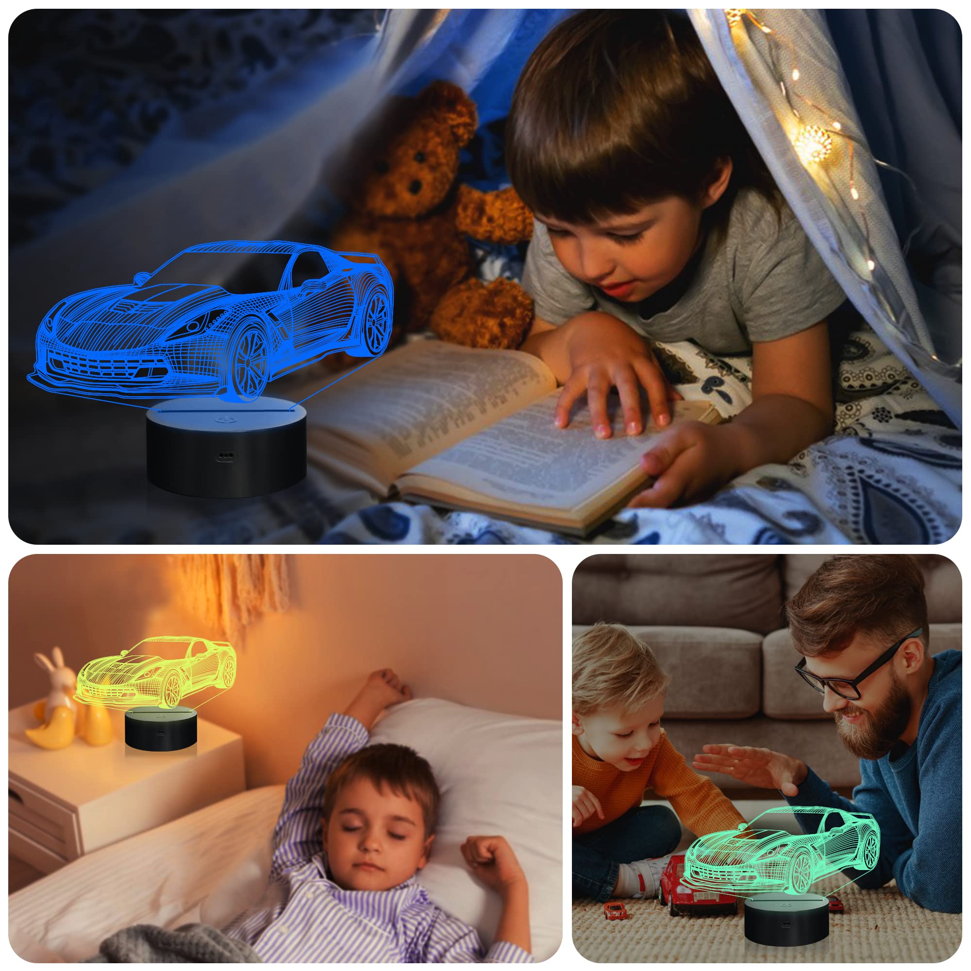 YuanDian Car Night Light, 3D LED Illusion Lamp, Touch Control & Remote, USB & Battery Powered, Multicolor, Model FS-2810-9999