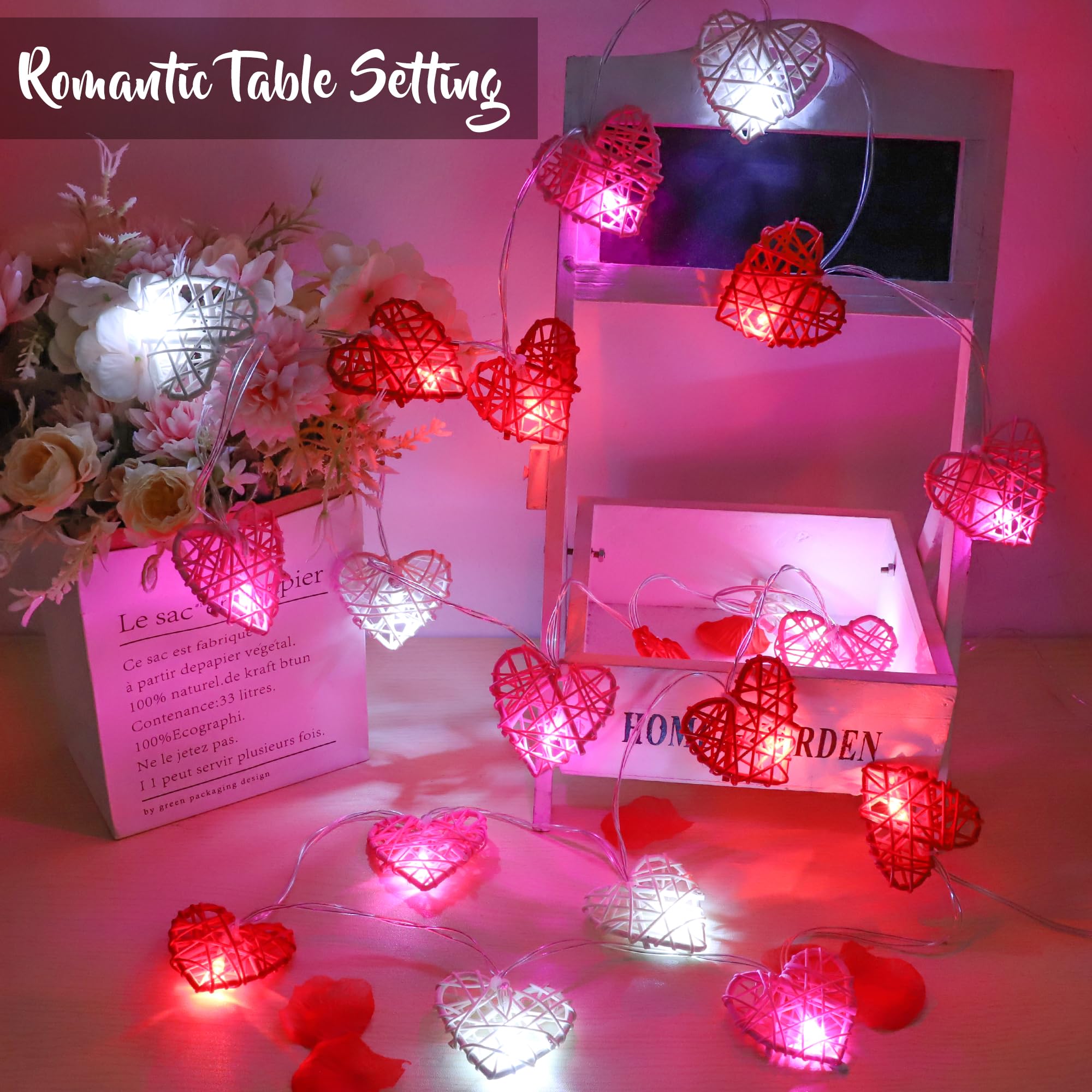 [Timer] Valentines Day Decorations Red Pink White Heart Lights 10FT 20LED 3D Hollowed Rattan Big Heart String Light Battery Oper