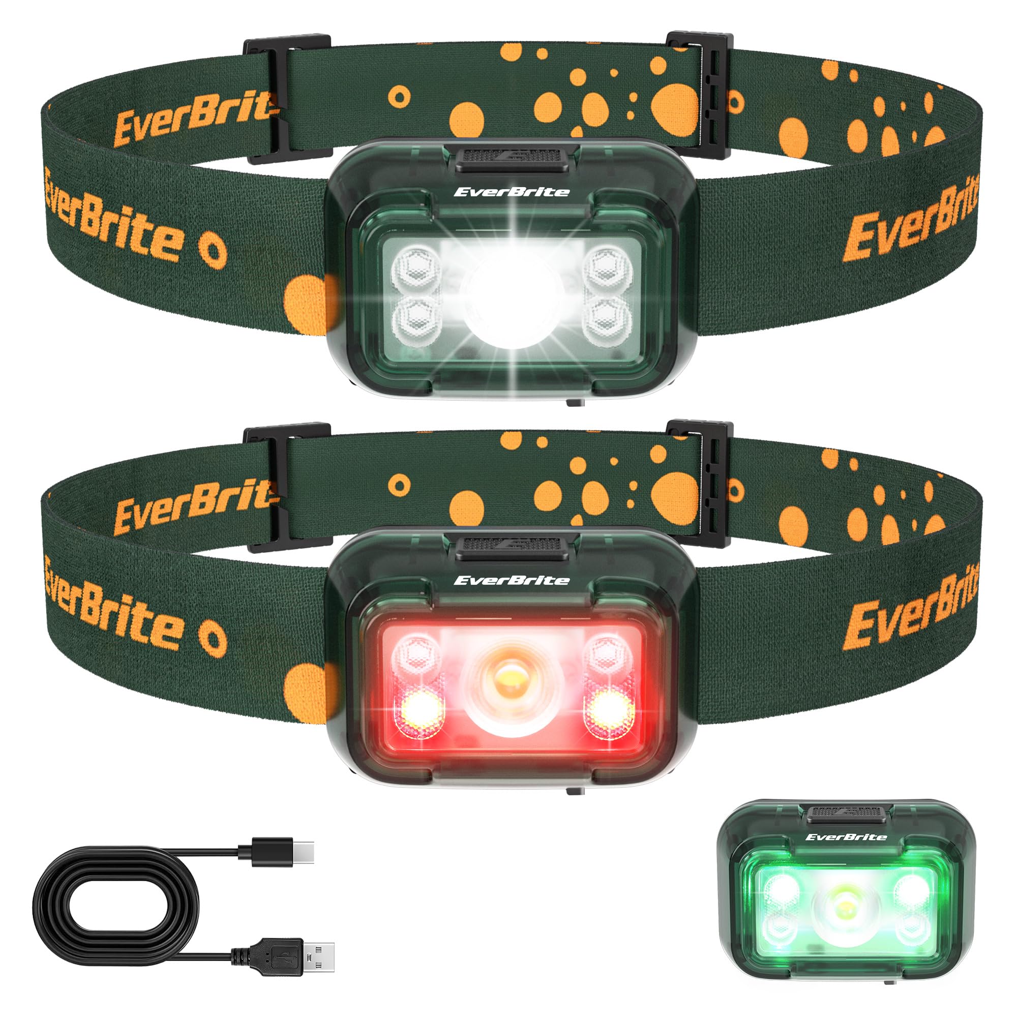 EverBrite Rechargeable Headlamp, 5 Modes, Adjustable 120° LED, 2 Pack, Forest Green, Model E021082AE