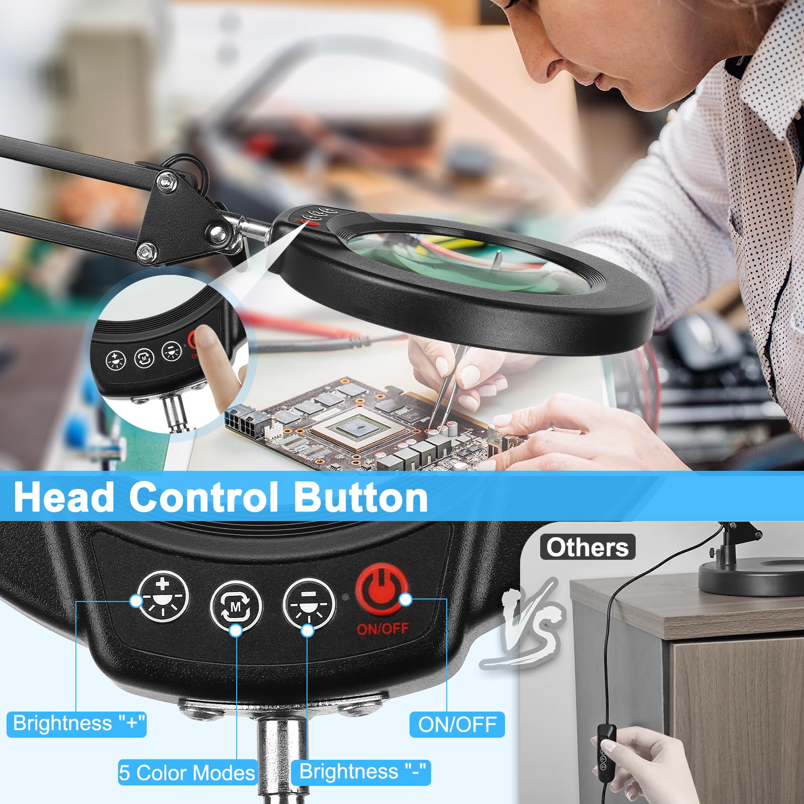 Coyeth 10X Magnifying Glass With Light And Clamp, Real Glass Stand Lighted Magnifier, 5 Color Modes Stepless Dimmable Led Desk L