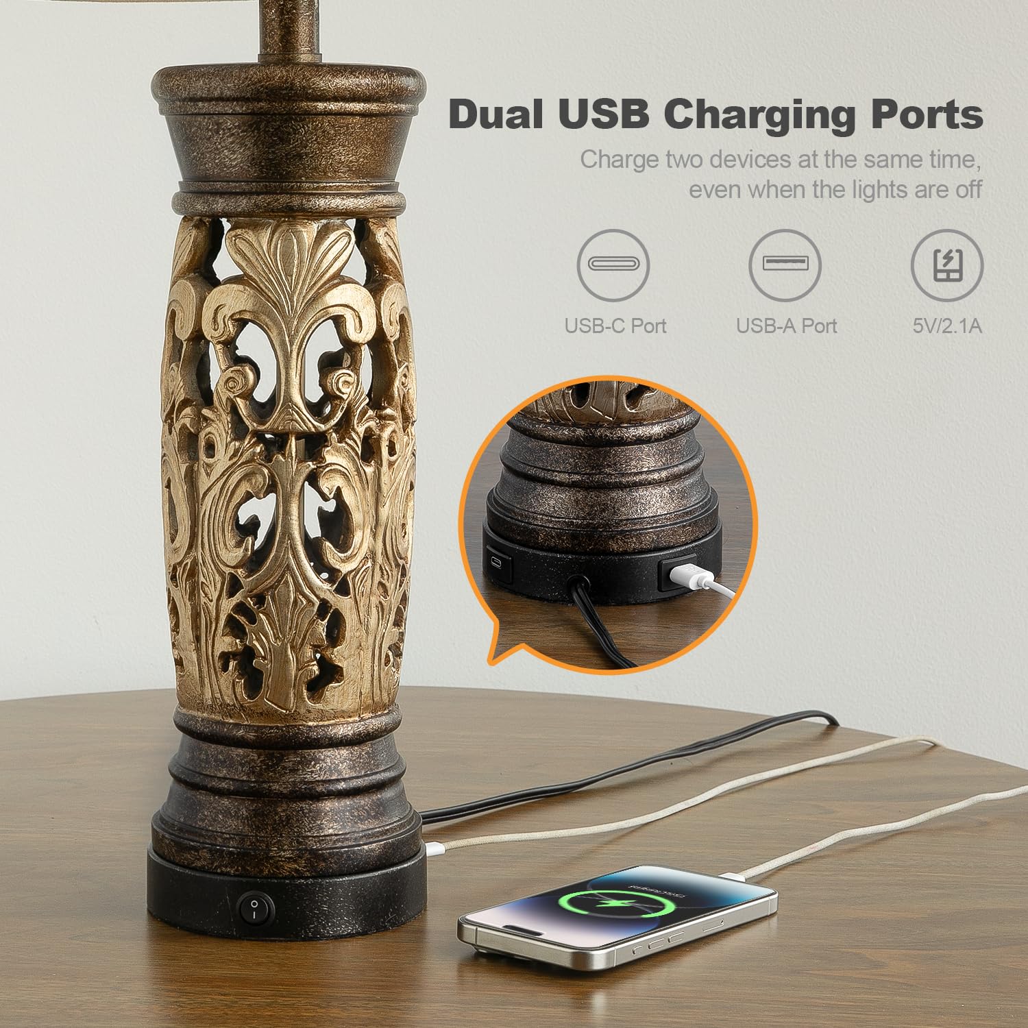 BOBOMOMO Antique Gold Table Lamps Set of 2 - 27.25" Vintage Resin Bedside Lamps with USB Ports, Bulbs Included