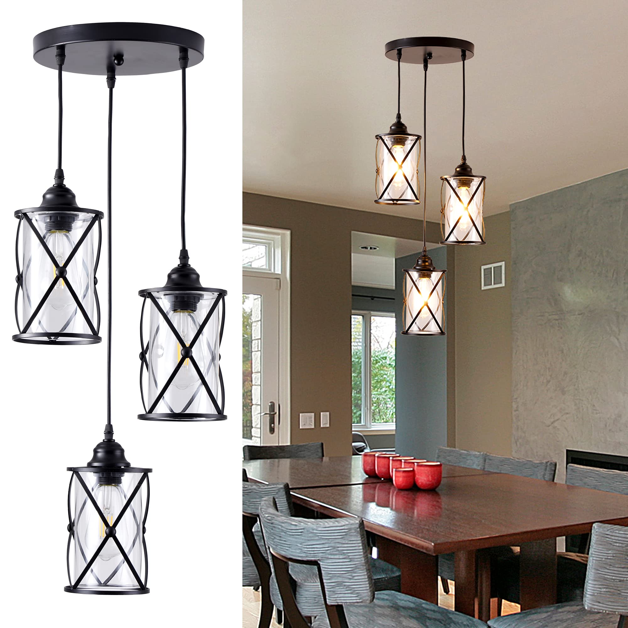 Dumaiway 3-Light Metal Cage Pendant Light, Black Glass Shade For Kitchen, Dining, Farmhouse