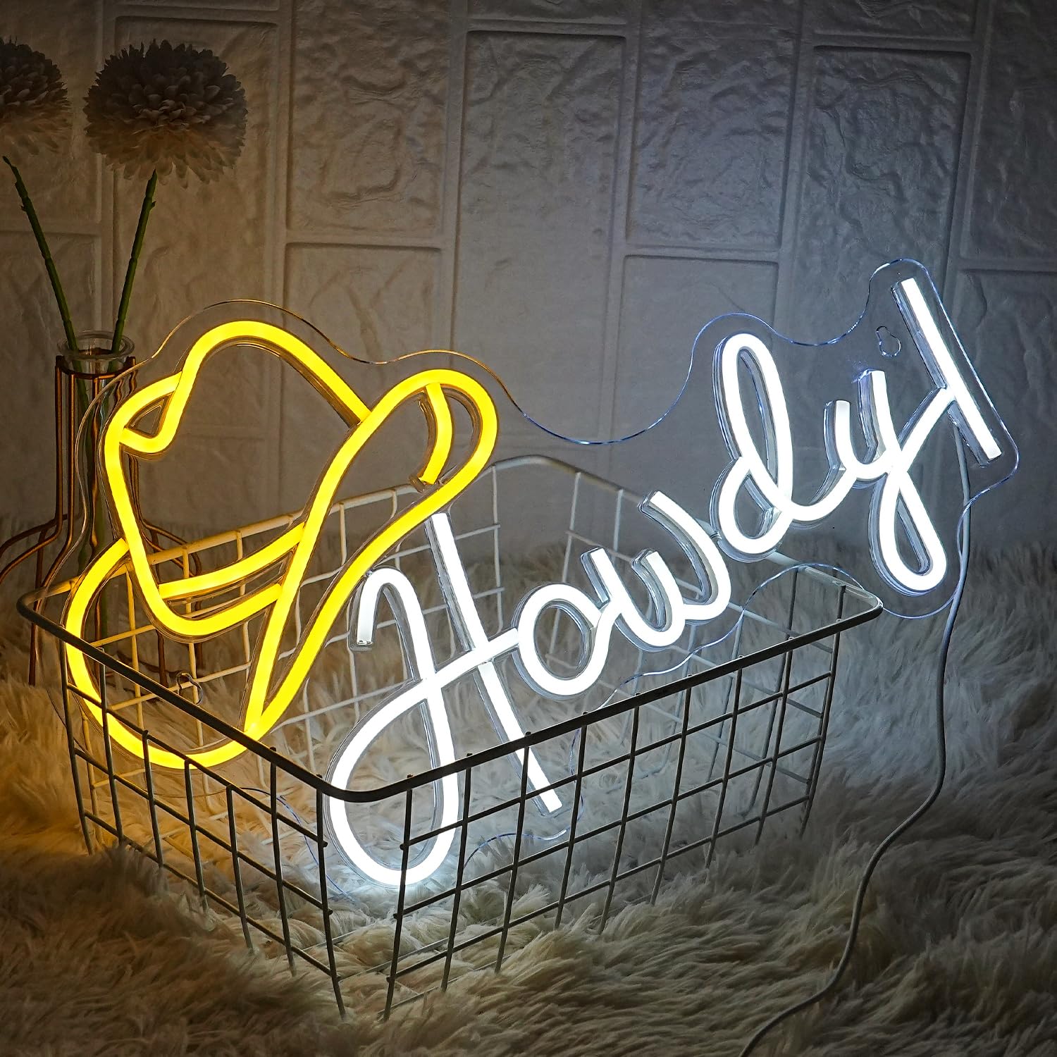 LMSIGNLY Neon Cowboy Hat Sign - Dimmable LED Light, USB Powered, Yellow White, Model: Howdy