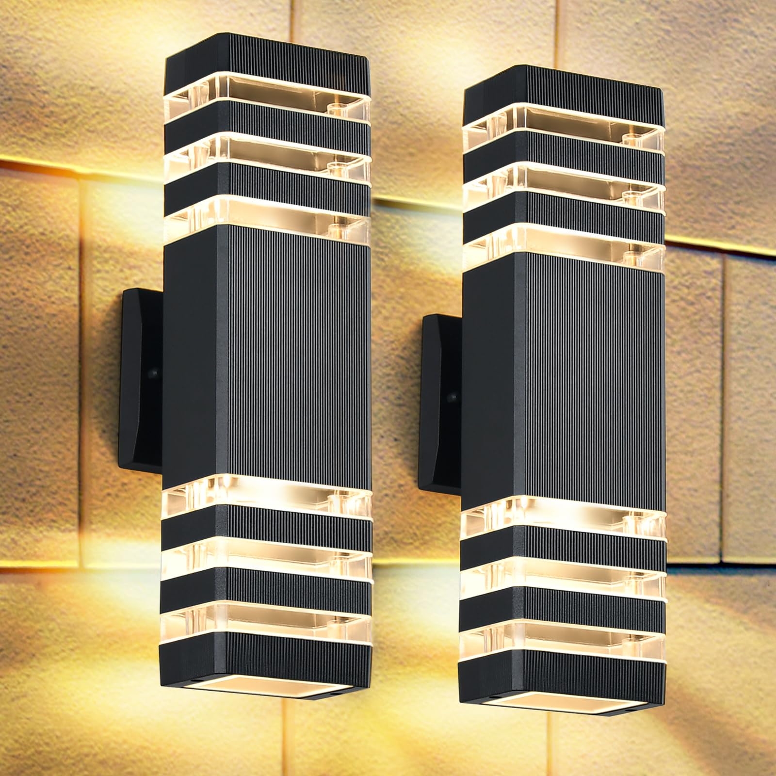 Dastor 2 Pack Waterproof Aluminum Outdoor Wall Lights, Modern Up And Down Fixture, Black