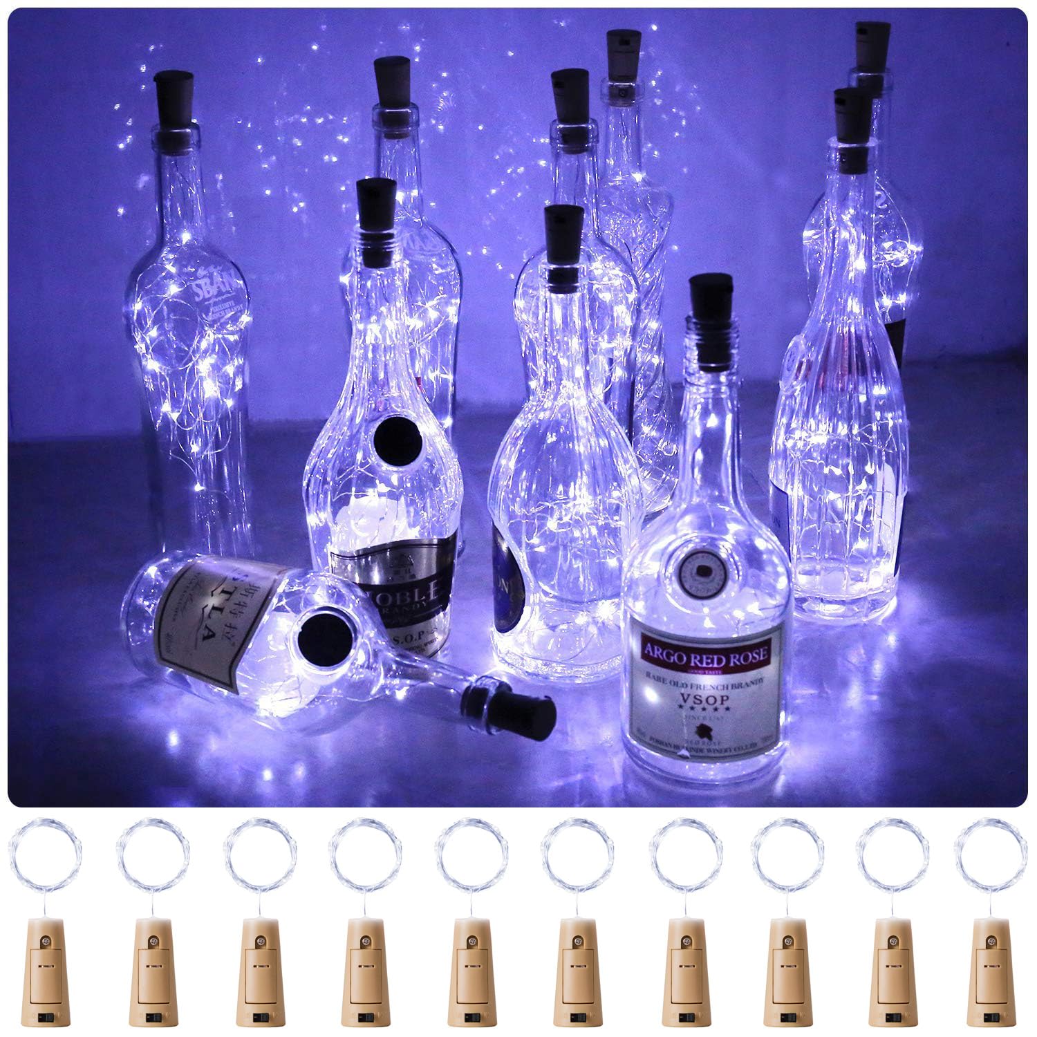 Aluan Beverage Bottle Lights with Cork  Christmas Lights 10 Pack 20 LED Mini Fairy String Lights  Waterproof Battery Operated Cork Lamp for Beverage Bottles Wedding Reception Table Decorations  Cool White