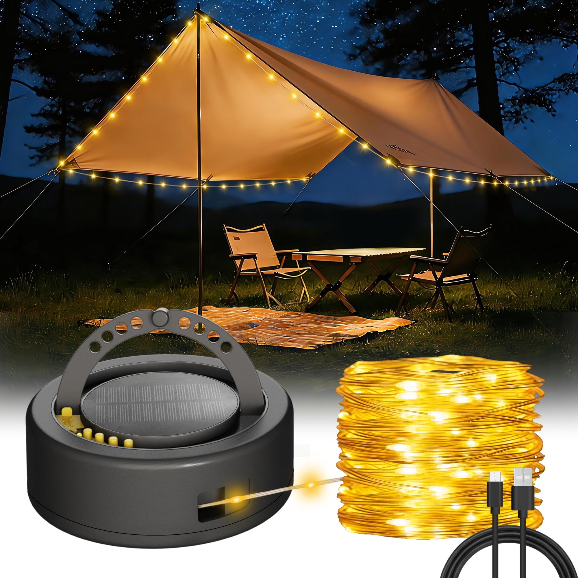 HOMECHOOSE 5200 mAh Solar Warm White Fairy Camping String Light, 33FT 4-in-1 Waterproof Hanging String Lights, USB-C Rechargeabl