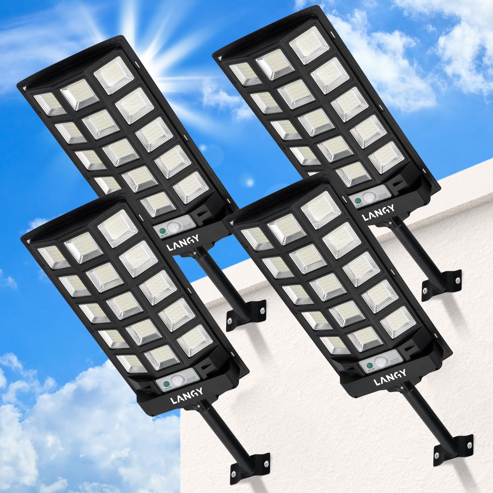 LANGY Solar Street Lights Outdoor 4 Pack, 30000LM 6500K Motion Sensor Dusk to Dawn, IP66 Waterproof LED Flood Security Lights wi