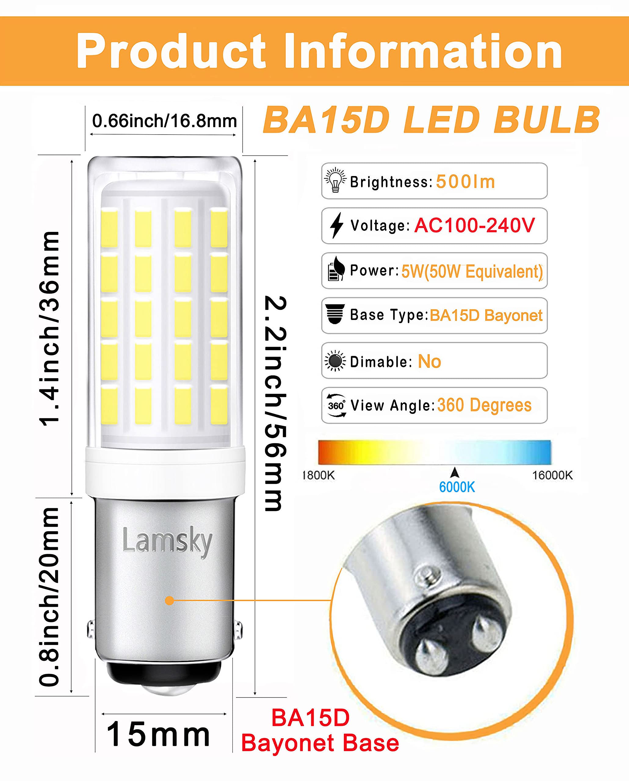 Lamsky BA15D LED Bulb for Sewing Machines, 5W Daylight White, 6000K, 4 Count, Replaces JD Type T3/T4, AC100-