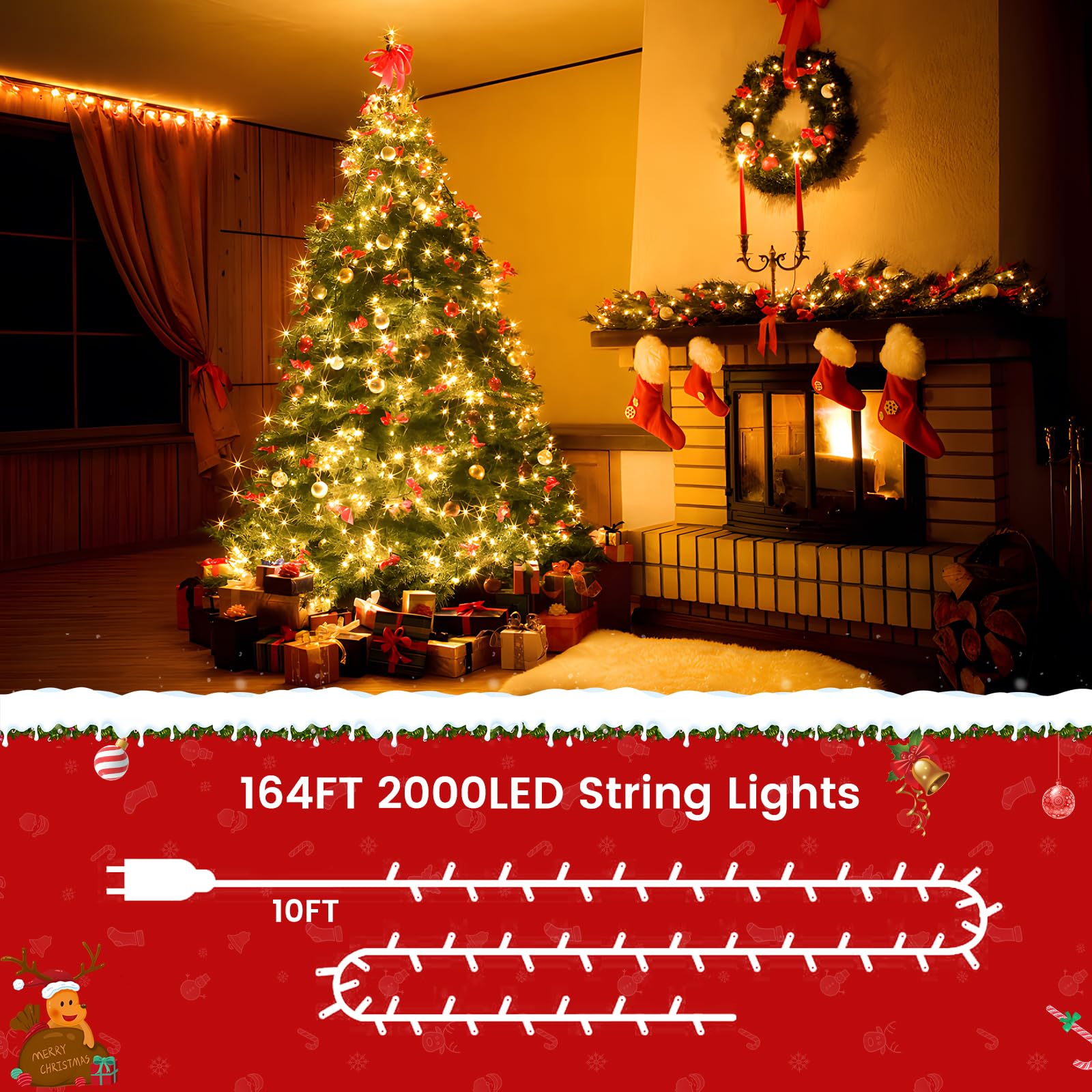 Areker 164Ft 2000Led Christmas Lights Outdoor Indoor  Green Wire Christmas Day String Lights Plug In  Ultra Bright 8 Modes Waterproof Fairy Lights For Xmas Tree Party Wedding Decoration  Warm White