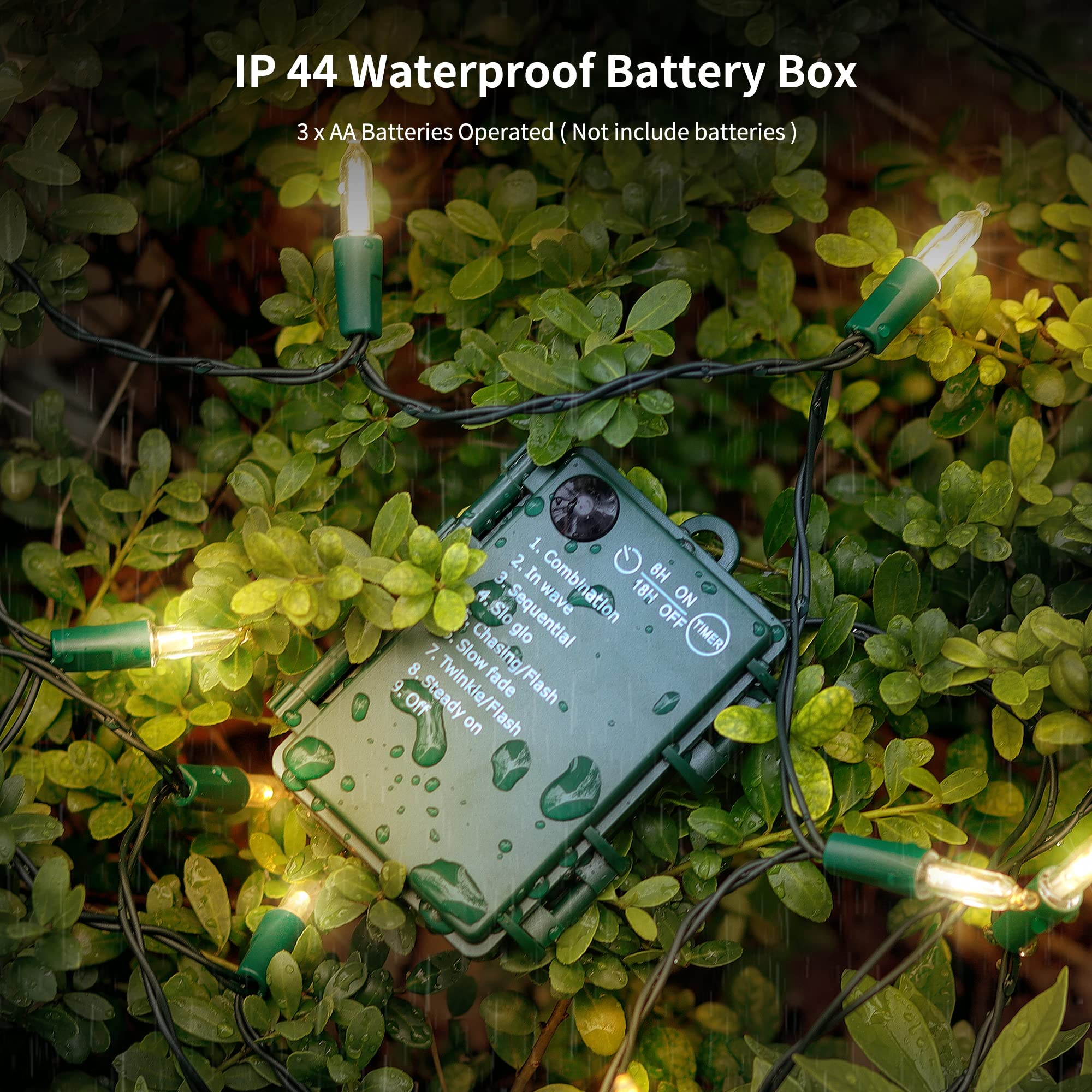 WATERGLIDE 50 LED Outdoor Christmas Lights, 16 FT Battery Operated, 8 Modes, Waterproof, Warm White