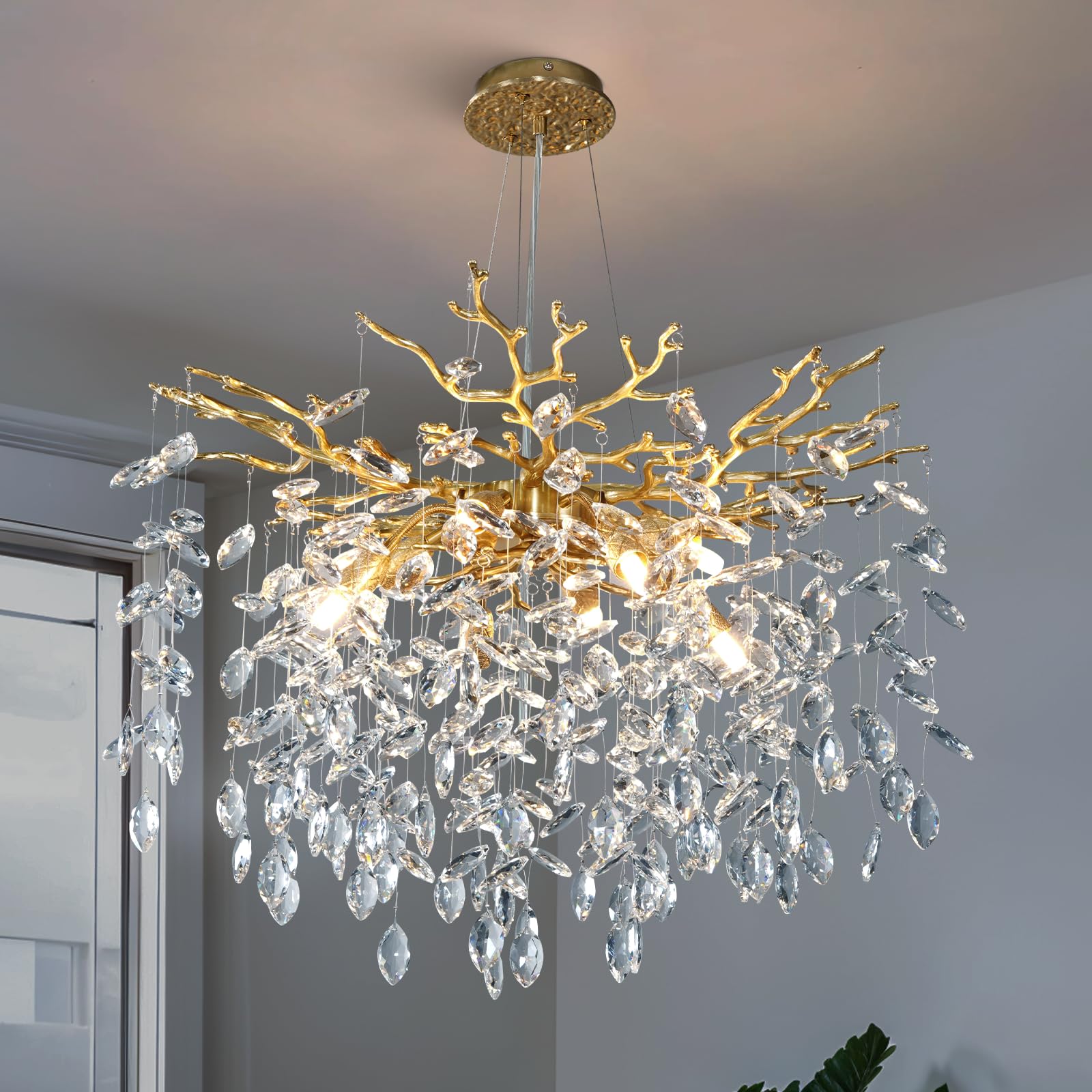 Yuyi 23.6 Modern Gold Tree Branch Crystal Chandelier  8-Light Round Raindrop Pendant Lighting For Dining Room Living Room Bedroom Kitchen Foyer Entryway  stylish K9 Crystal Statement Light Fixture