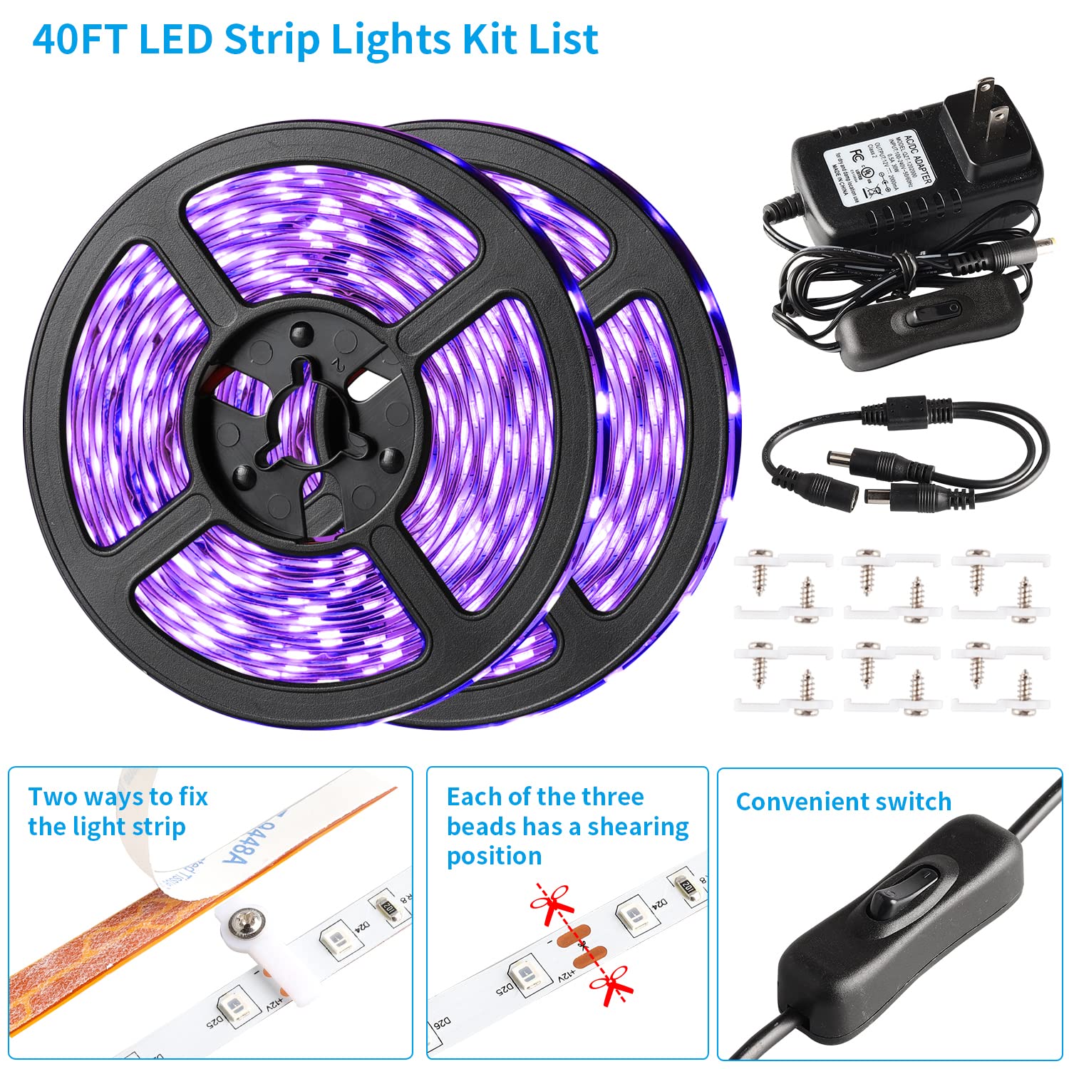 YQNLIFA Black Light Strip, 720 LED, 40FT/12M, Flexible & Adhesive, Model YQ-12, Non-Waterproof Decor