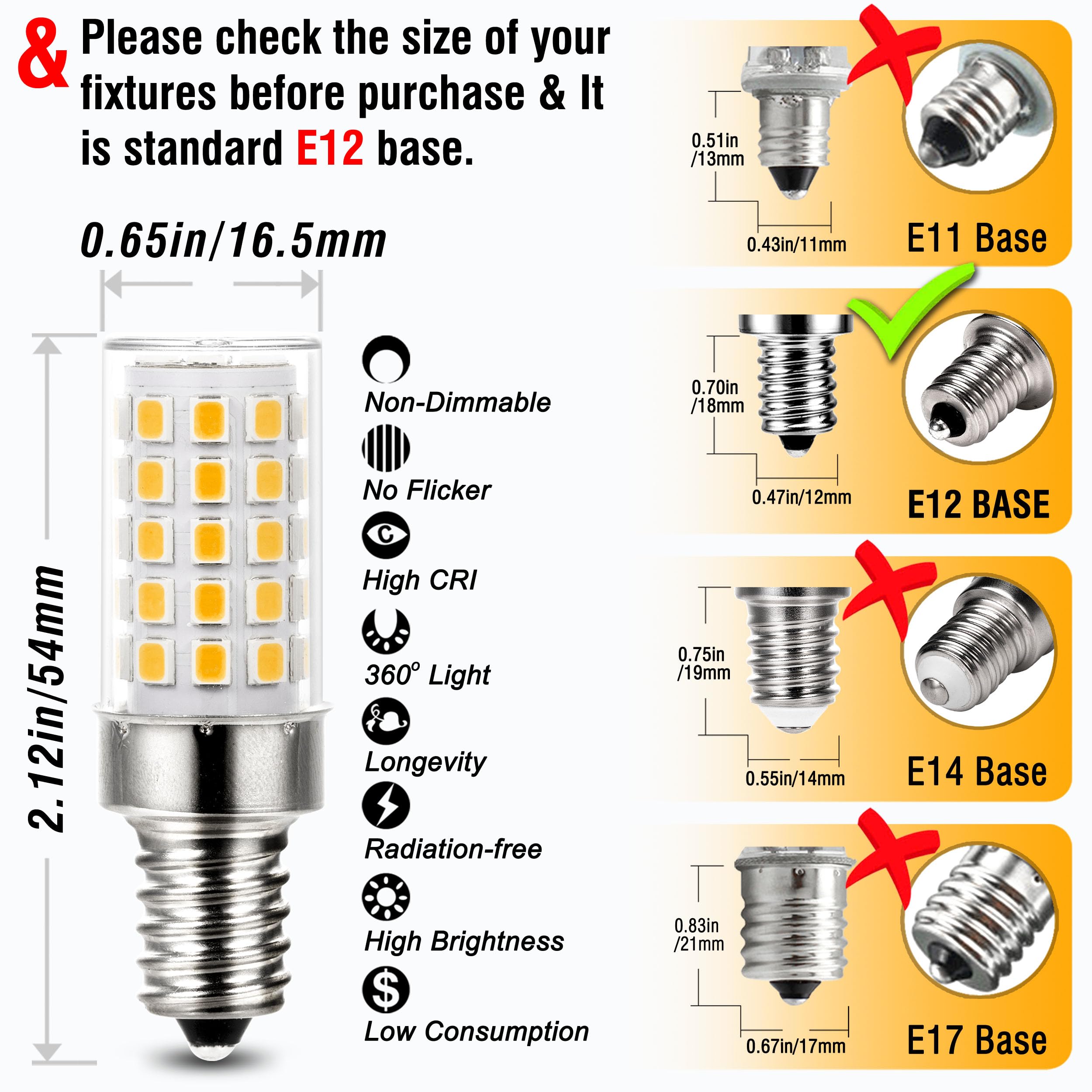 Alide E12 Led Candelabra Light Bulbs 6W C7,Replace E12 60 Watt Halogen Equivalent,Warm White 2700K T6 110V 120V Small Base E12 L
