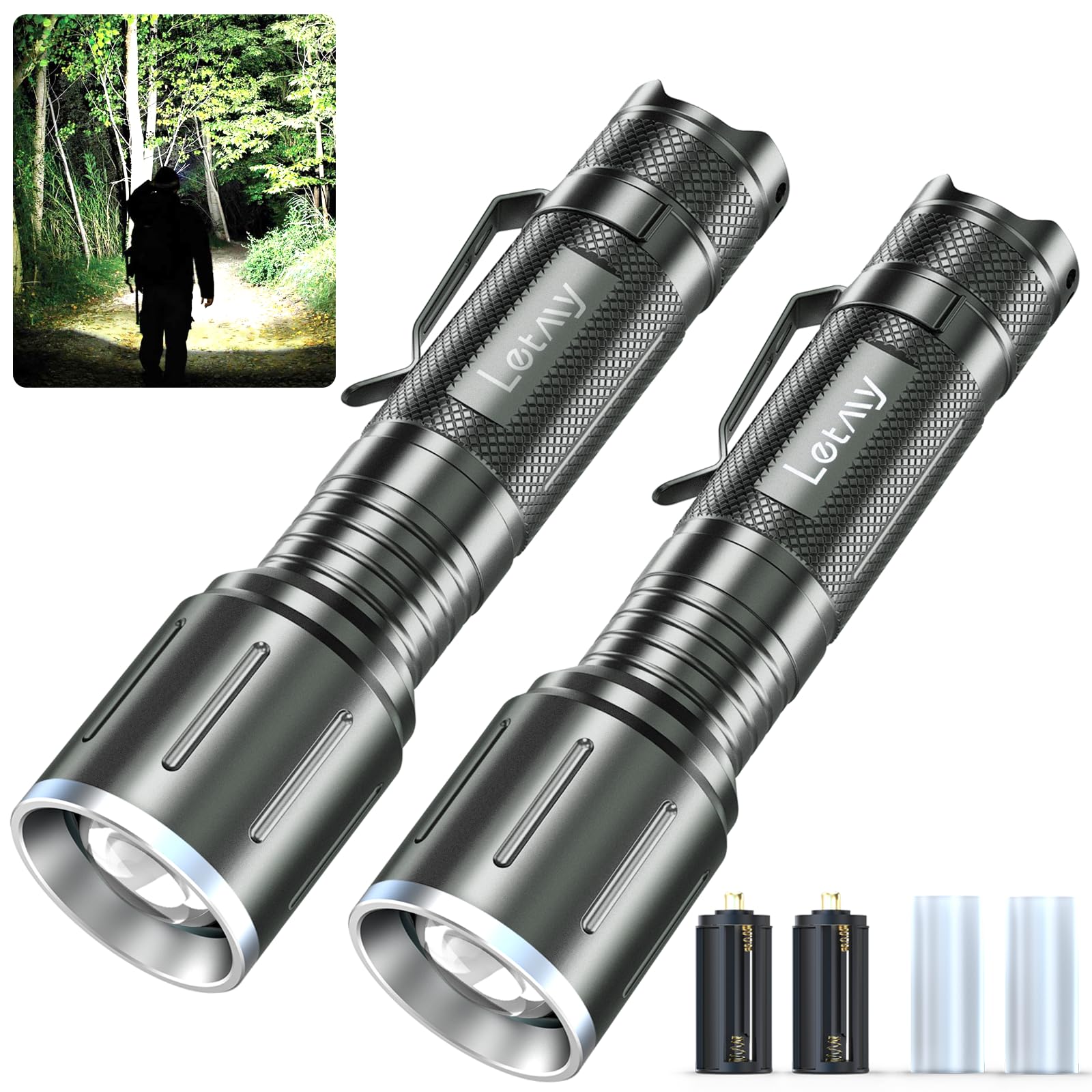 LETMY LED Flashlight 2 Pack - Super Bright, Zoomable, 5 Modes, Waterproof, Aluminum, Model L2, Battery Powered - Grey