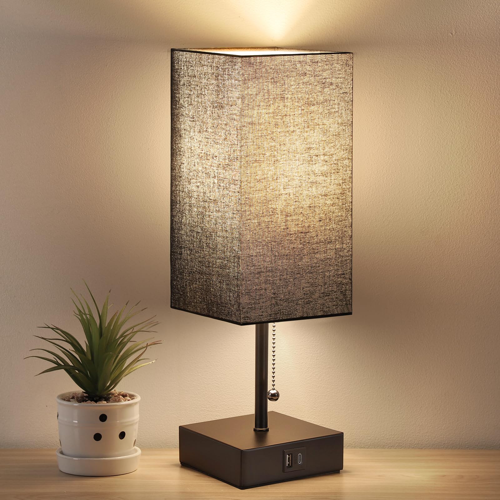GGOYING USB Bedside Table Lamp, Pull Chain Nightstand Table Lamp with 2700K LED Bulb, Black Fabric Linen Lampshade, USB C+A Char