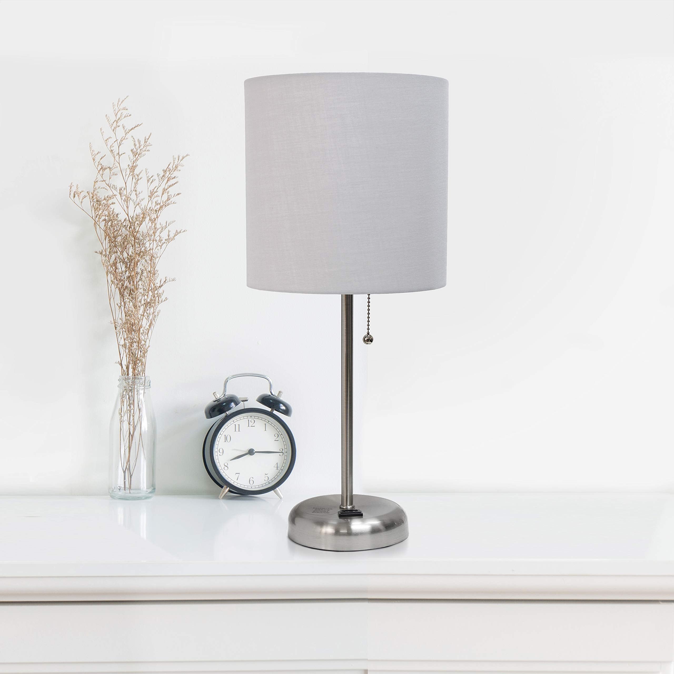 Simple Designs Lc2001-Gry-2Pk Brushed Steel Stick Table Lamp Set With Charging Outlet And Gray Fabric Shades, 2 Pack Set